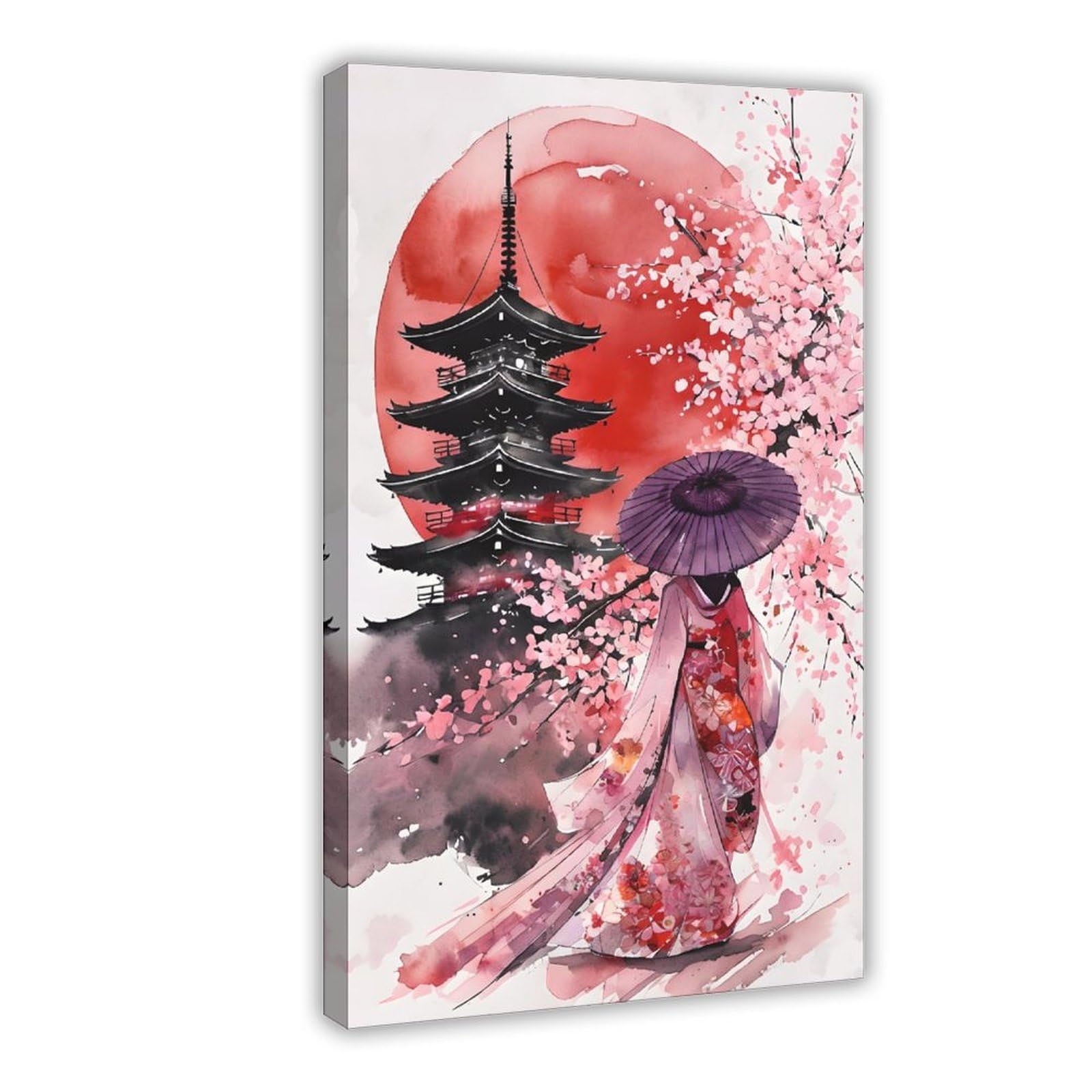 Qnvjqkdsi Frame Japanese Pagoda & Geisha Sakura Cherry Blossom Watercolor Art Canvas Poster Wall Art Decor Print Picture Paintings For Living Room Bedroom Decoration 8" L X 12" W