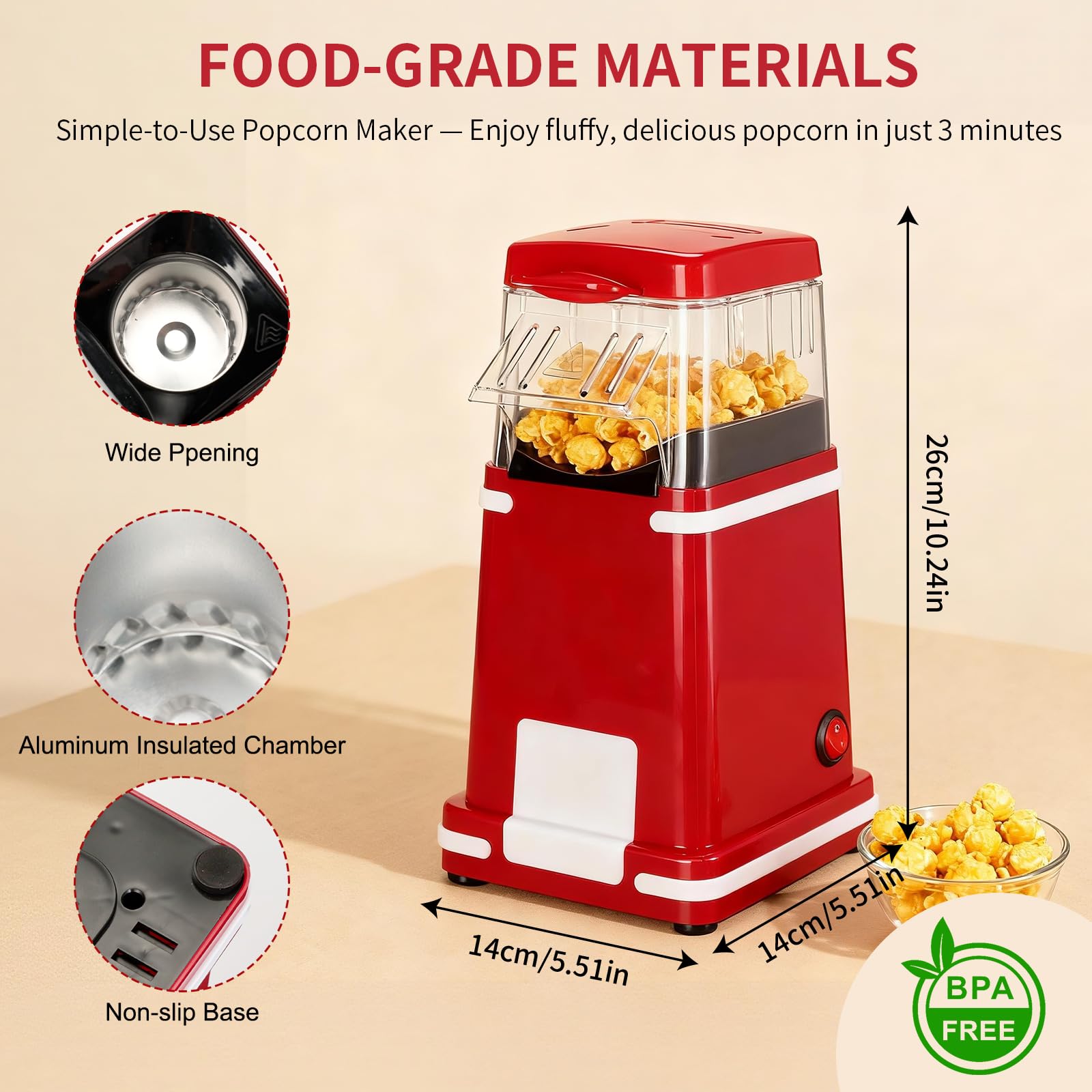 Cozary Macchina Popcorn, Macchina Per Popcorn ad Aria Calda Da 1200 W Con Misurino, One-Touch,Senza Grassi, 2 Minuti Veloce, per il Cinema Casa, le Serate Cinematografiche,Natale, le Feste,Retro