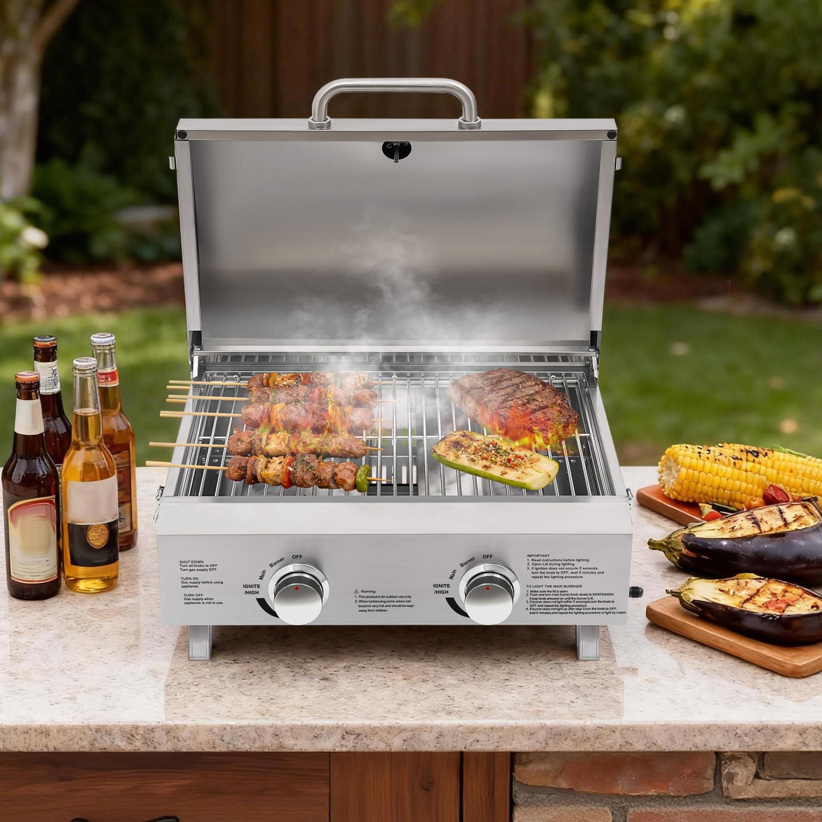 Barbecue a gas da tavolo professionale in acciaio inossidabile con 2 bruciatori, pieghevole per esterni, 55,8 x 45 x 38 cm, accensione piezoelettrica, barbecue da tavolo portatile con coperchio, per