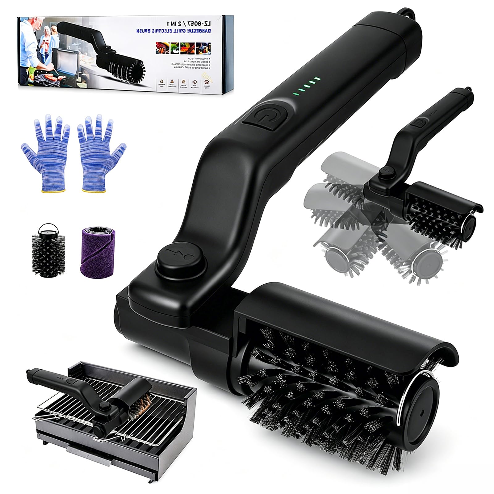 Brosse Électrique De Nettoyage pour Barbecue,sans Poils,3 Vitesses,Etanche IPX7,en Acier Inoxydable 304,Indicateur De Batterie À 5 Niveaux,Compatible avec Tous Les Barbecues