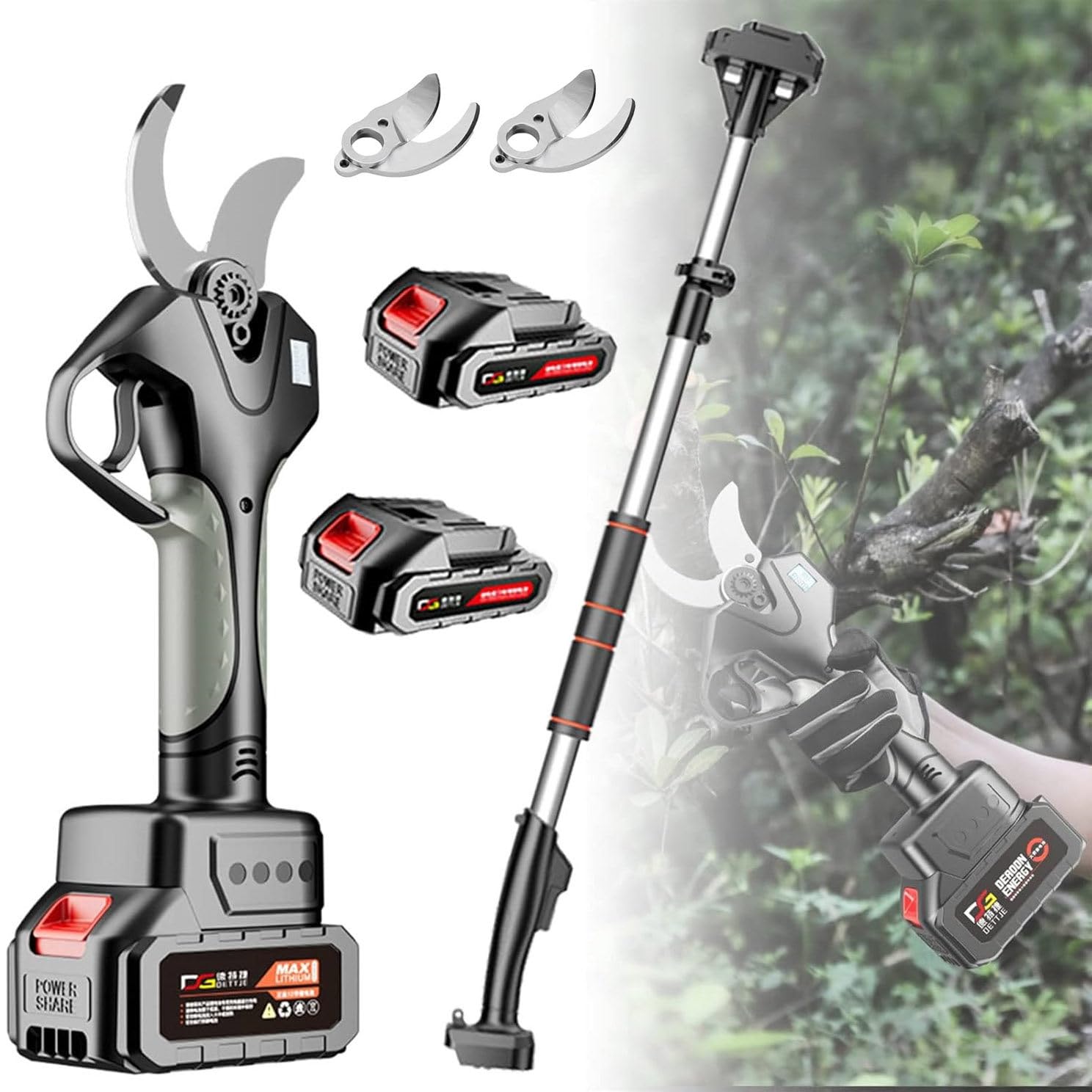 Potatore Elettrico Da 45 Mm, Forbici Da Potatura Professionali, Forbici Da Giardino Elettriche/Potatori Manuali Con Manico Estensibile, 2 Batterie Da 1,5 Ah E 2 Lame Di Ricambio,WithExtensionPole