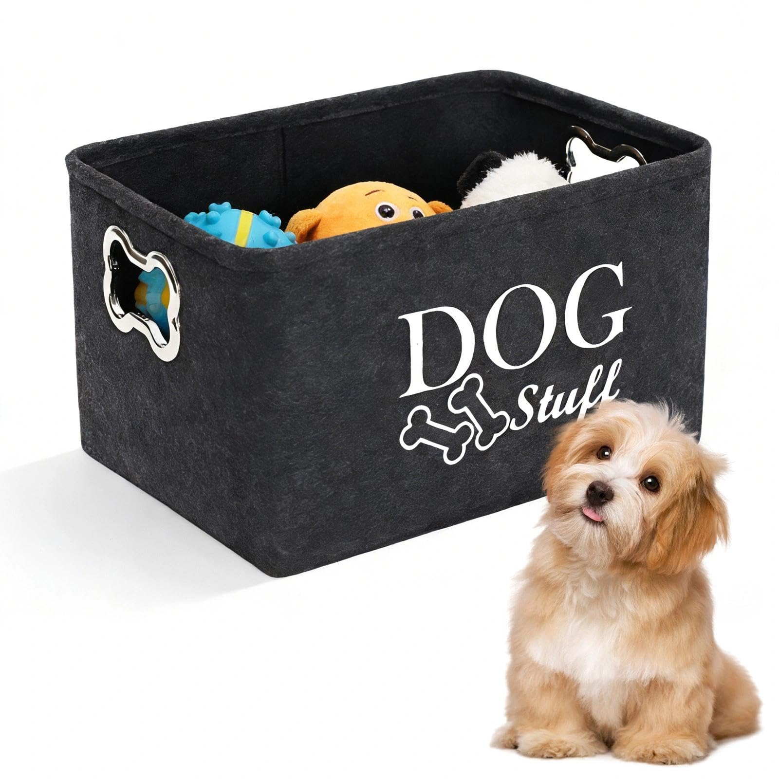 Mfskjelf Gray Puppy Toy Box Storage Basket, Felt Stuff Storage Baskets With Designed Metal Handle, Collapsible Dog Toy Box Storage For Organizing Dog Cat Clothes,Shoes,Pet Accessories
