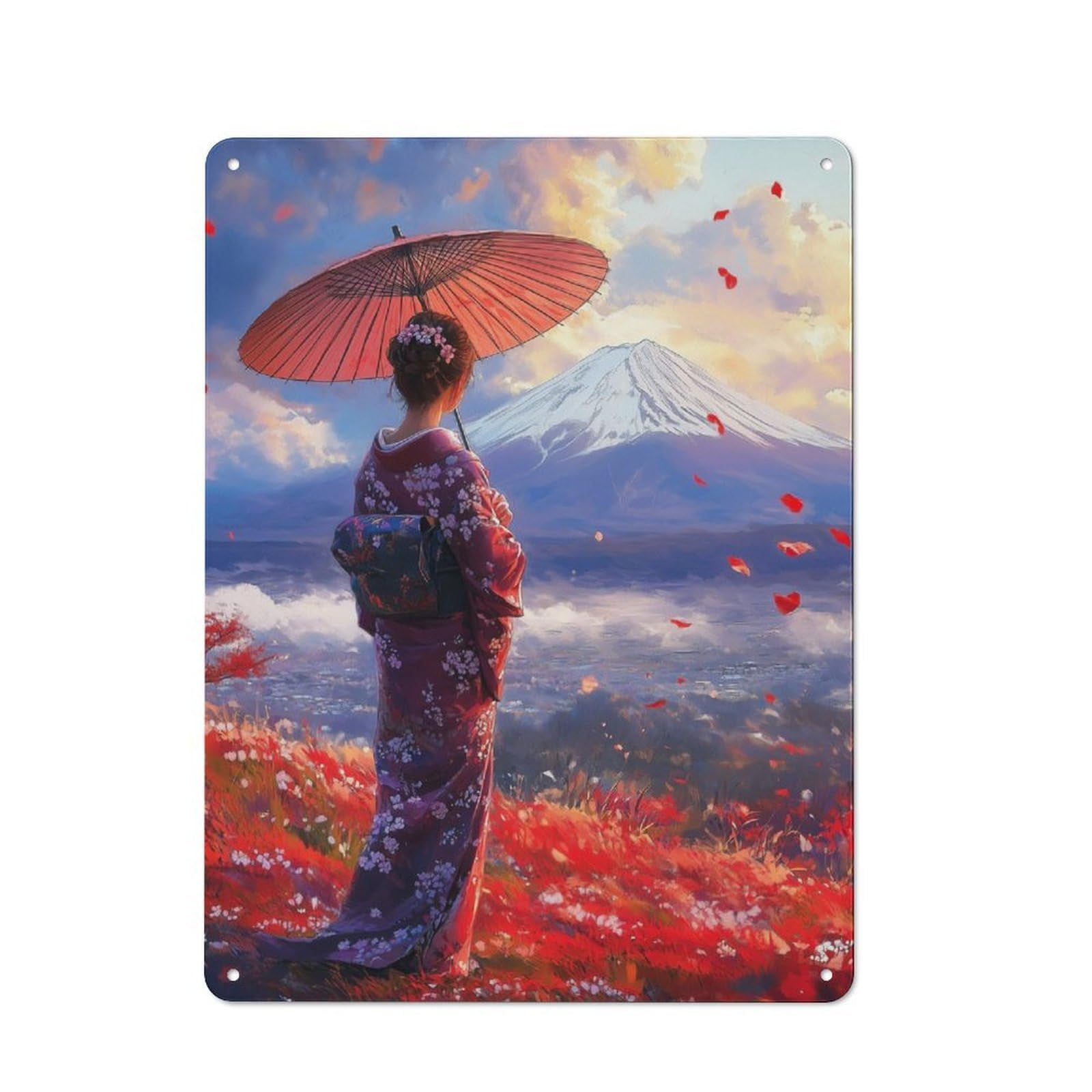 Junmoney Geisha Looking At Fuji For Guest Room Or Hallway, Retro-Style Tin Sign 40X30cm, For Vintage Wall Decor Fans, For Themed Room Decoration