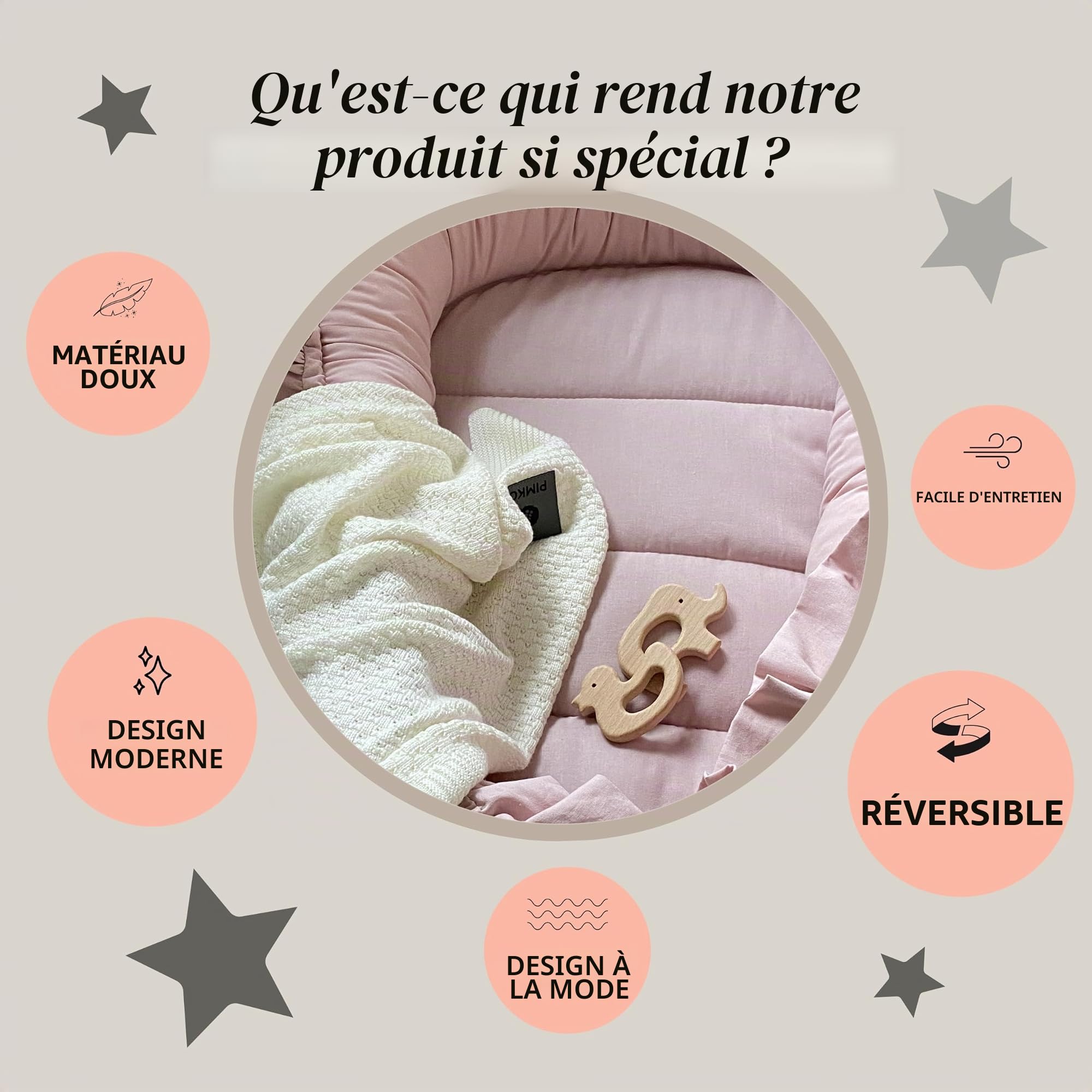 PIMKO Nid d'ange pour bébé - Nid douillet 2 côtés - Pour nourrissons et nouveau-nés - 100 % coton - Convient pour la maison - 55 x 90 cm (rose avec rabat)