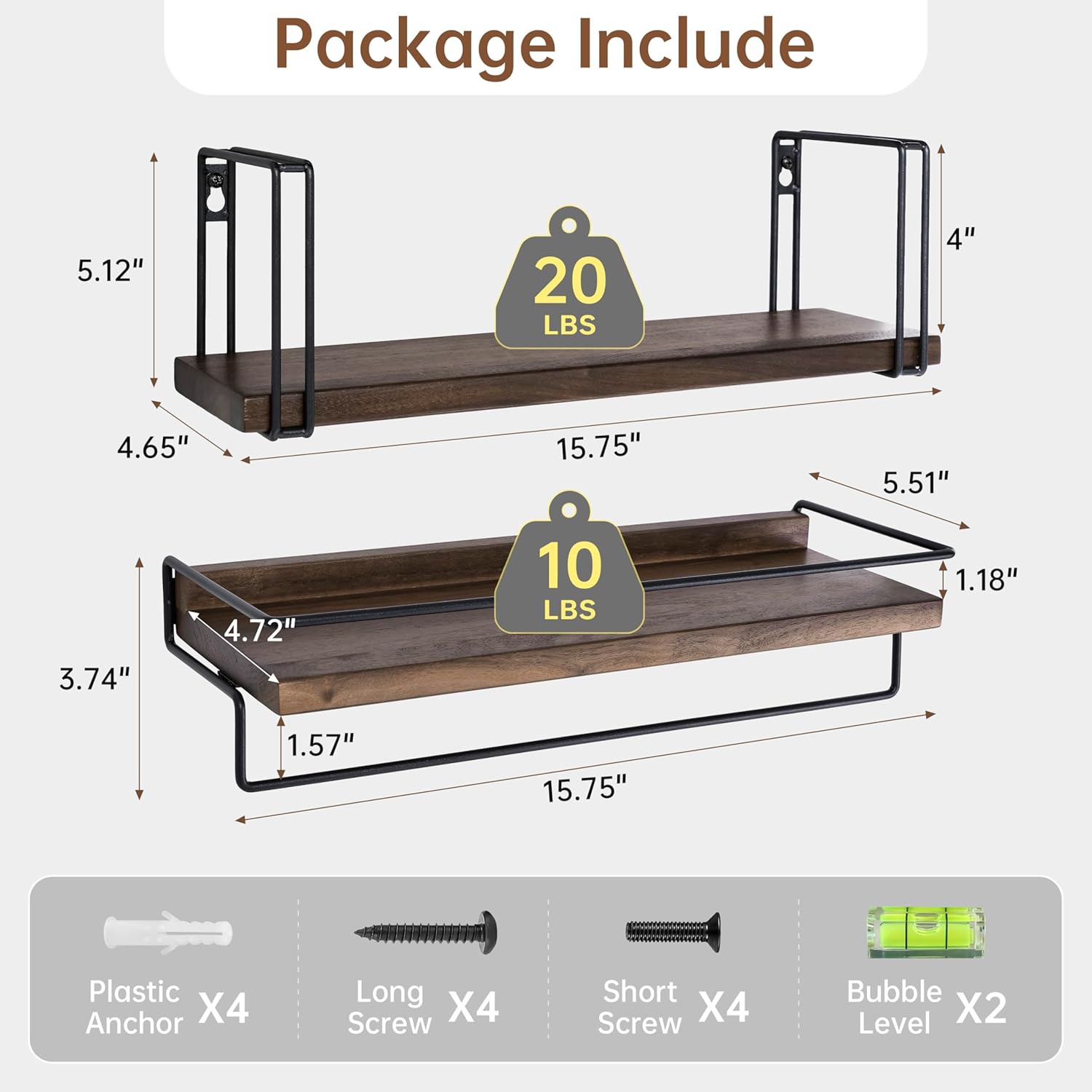 Floating Shelves with Towel Bar - American Black Walnut Solid Wood Shelf, Set of 2 Over Toilet Wall Storage Shelves with Metal Frame for Kitchen Bedroom Living Room