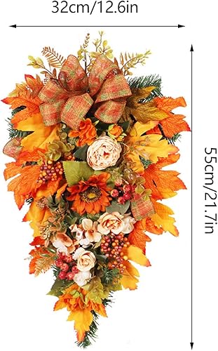 Miniatura 2 de Guirnalda de lágrima artificial de cosecha de otoño de 21.7 pulgadas para puerta delantera, corona de lágrima de Acción de Gracias con hojas de