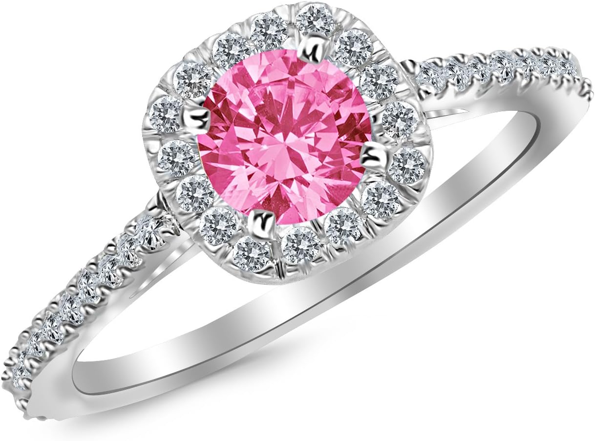 2.35 Carat 14K White Gold Gorgeous Classic Cushion Halo Style Diamond Engagement Ring with a 2 Carat Natural Pink Sapphire Center (Heirloom Quality)