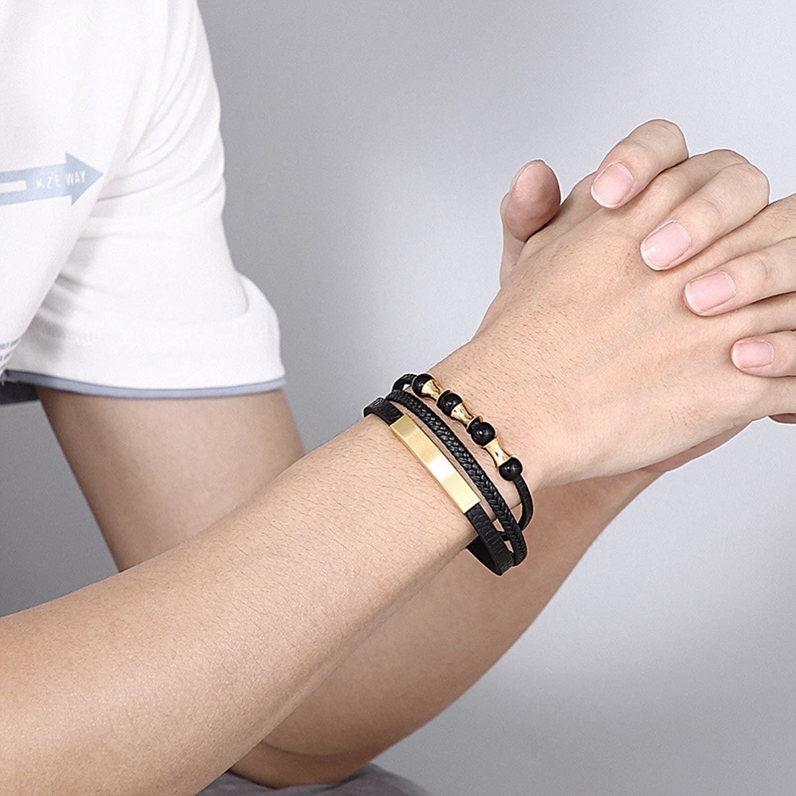 Pulsera de Acero Inoxidable para Hombre, Pulsera de Cuero para Hombre, Pulsera Multicapa con Cuentas Negras, Pulsera de Cadena Punk Fresca de 21 cm de Longitud