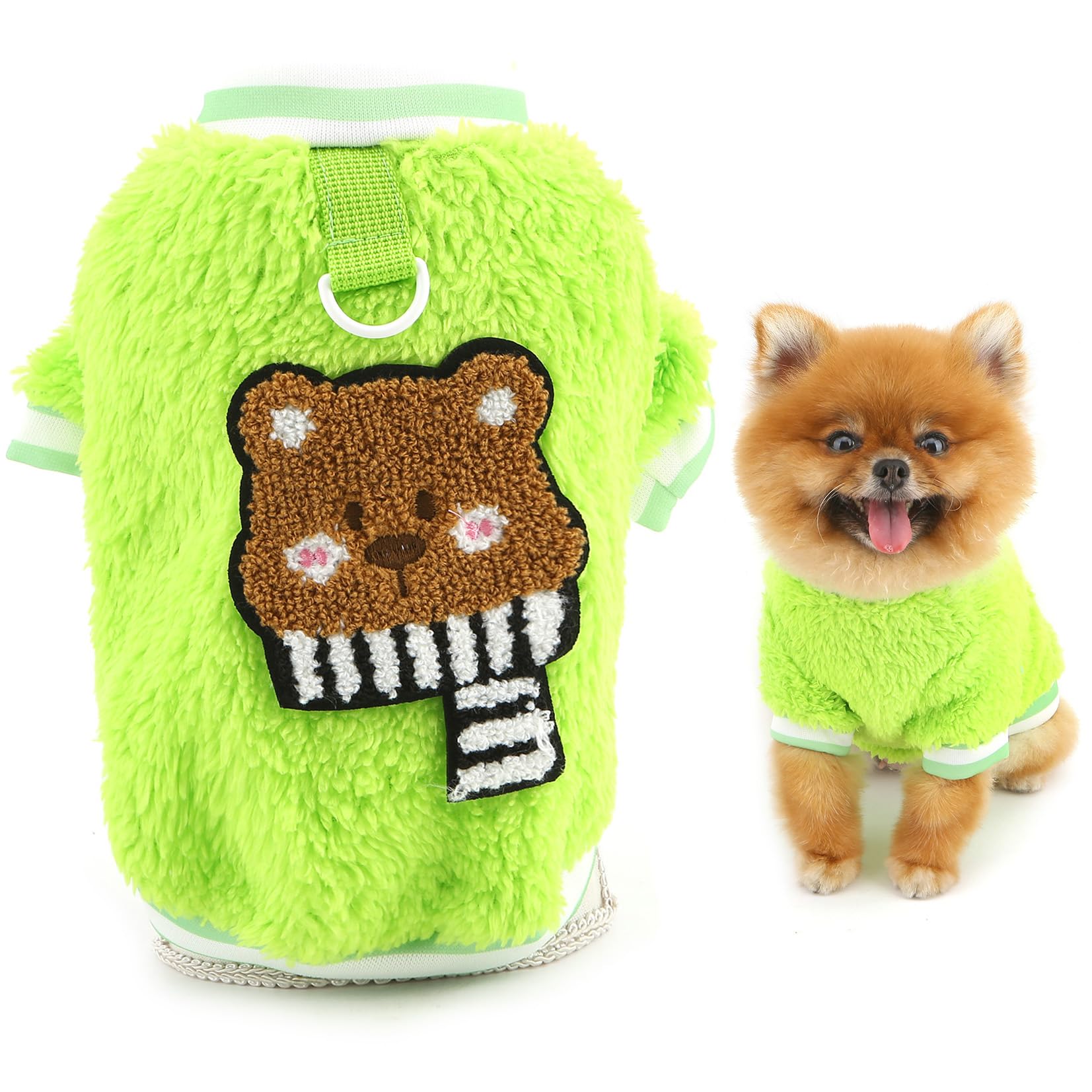 SMALLLEE_LUCKY_STORE Coral Fleece Dog Jumper for Extra Small Dogs, Cute Bear Pattern Pet Sweater Pullover with D-ring Warm Cozy Puppy Sweatshirt Vest Winter Fall Chihuahua Yorkshire Clothes Green XL