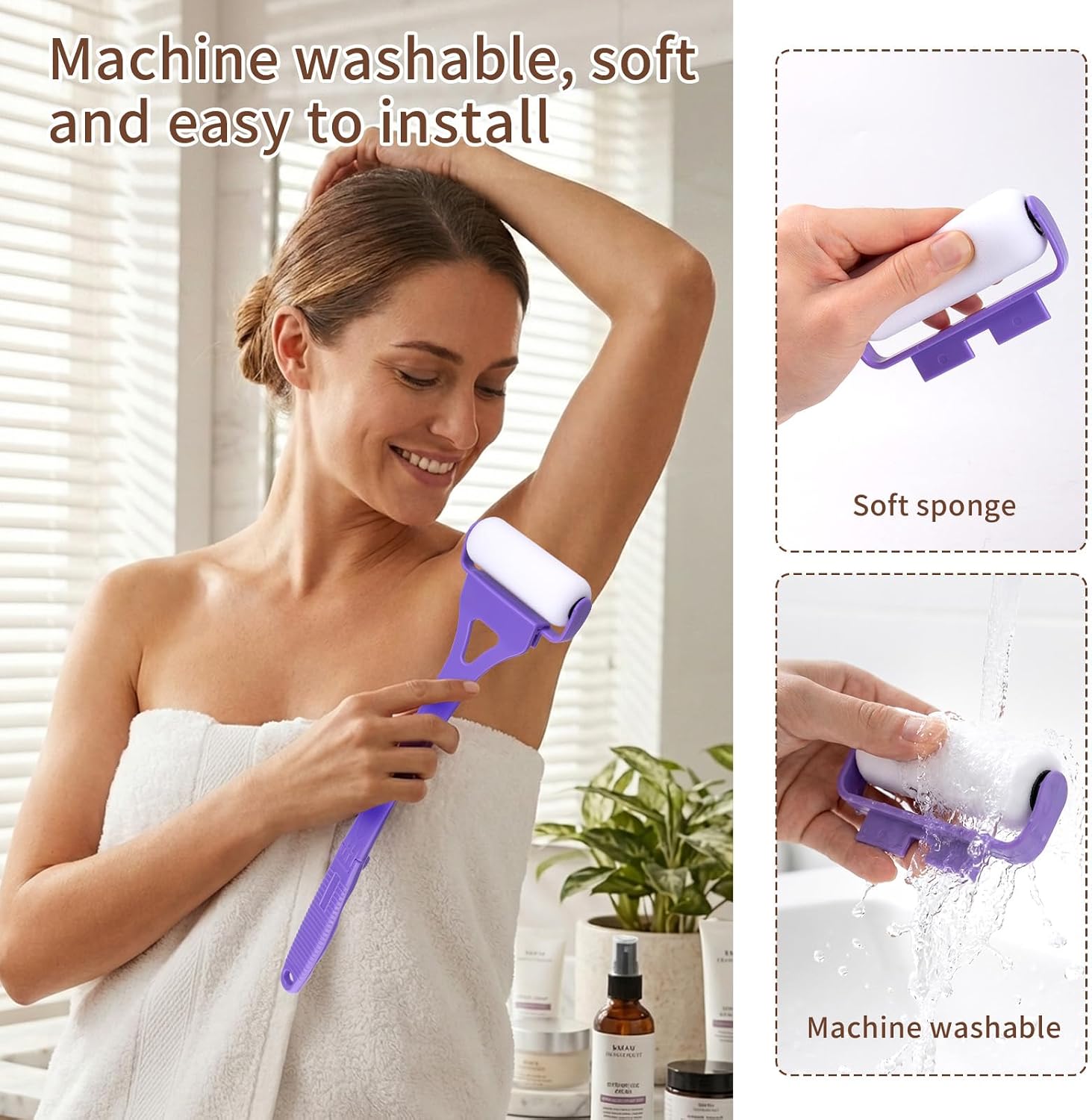 Foldable Lotion Applicator for Back, Sunscreen Application Roller with 2 Replaceable Pads & 1 Resin Massage Roller, Back Lotion Applicator for Elderly,Men,Women,Apply Cream Moisturizer Tanner, Purple
