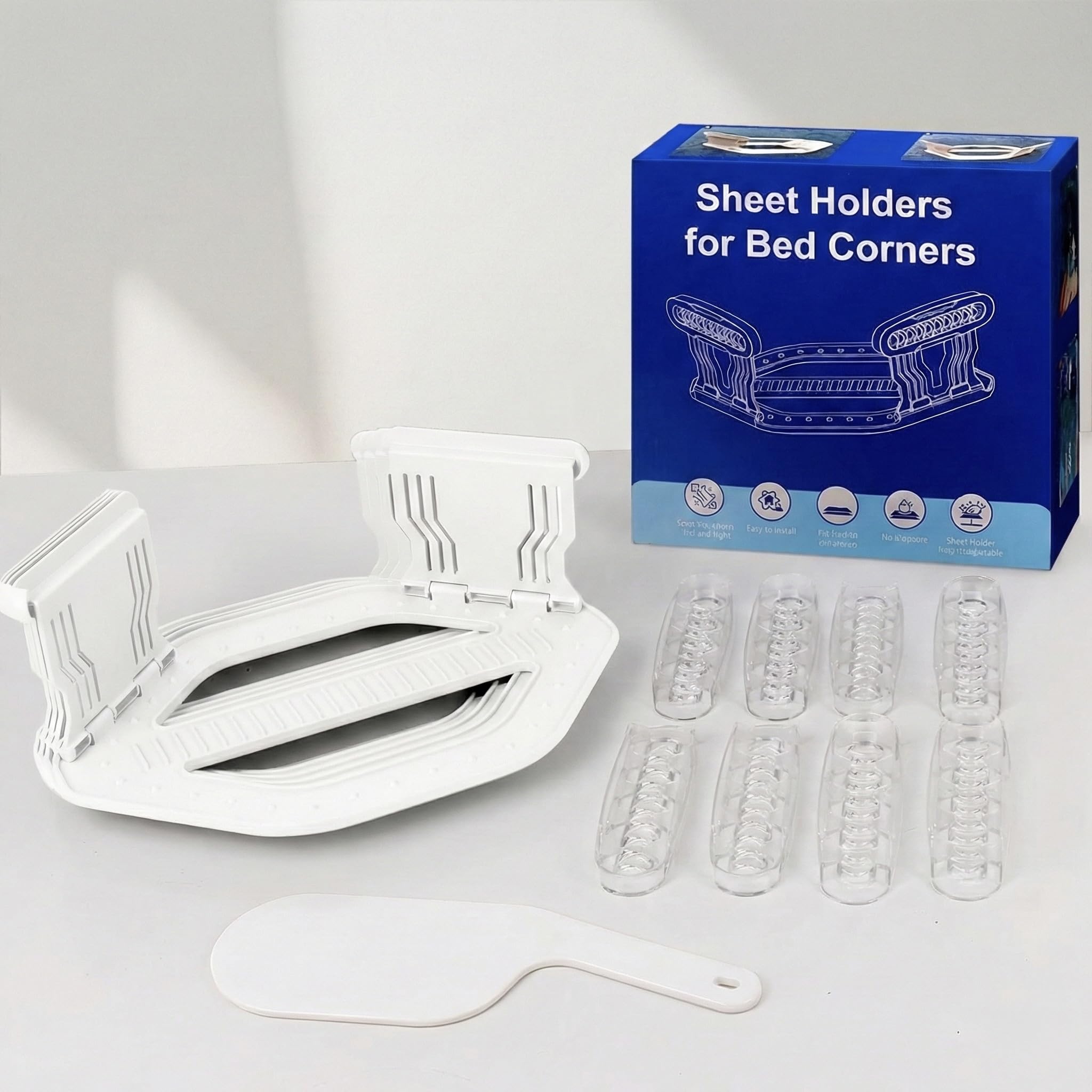 Nobooao White 4-Pack Bed Sheet Holders, Foldable Mattress Corner Clips With Transparent Grippers + Free Bed Making Tool, Needle-Free Anti-Slip Fasteners, Easy Install Sheet Keepers (White)