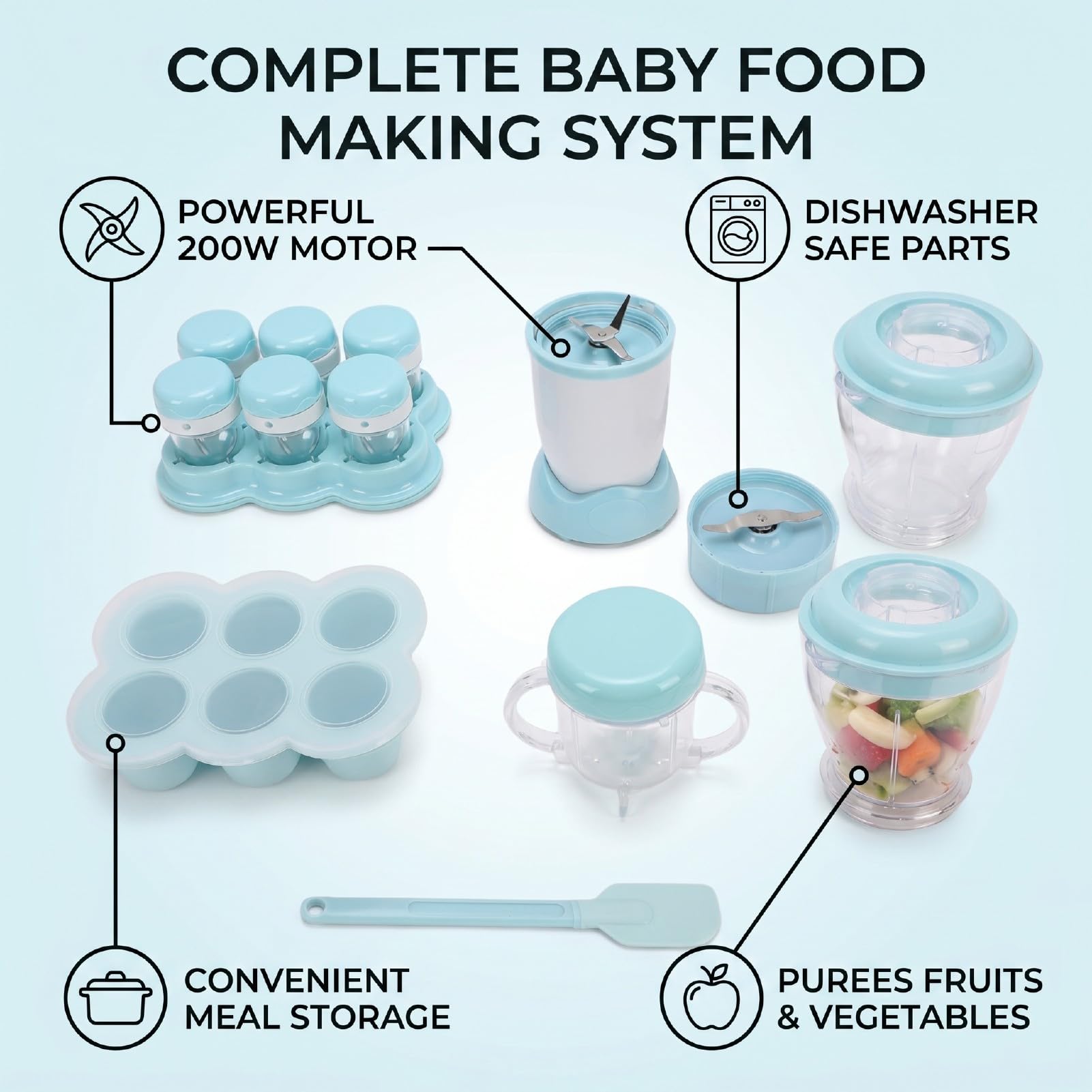 Fockety Robot de Cocina para Bebés, Procesador Multifunción de 200 W con Recipiente para Alimentos y Cuchillas de Acero, Batidora para Purés de Frutas, Verduras y Carnes (Azul Claro) (Enchufe de la