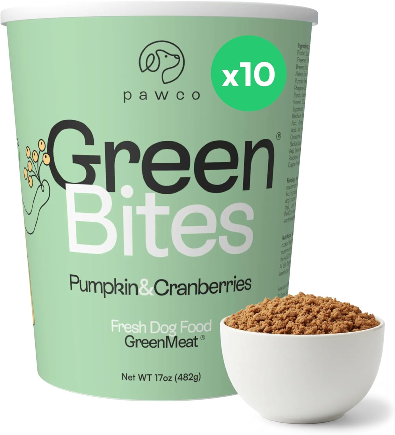 Pawco Fresh Dog Food – Supports Energy, Digestion & Overall Health – Pumpkin Recipe with Cranberries, Omega-3, Antioxidants, Fiber & Probiotics – GreenBites – Pack of 10 x 17oz