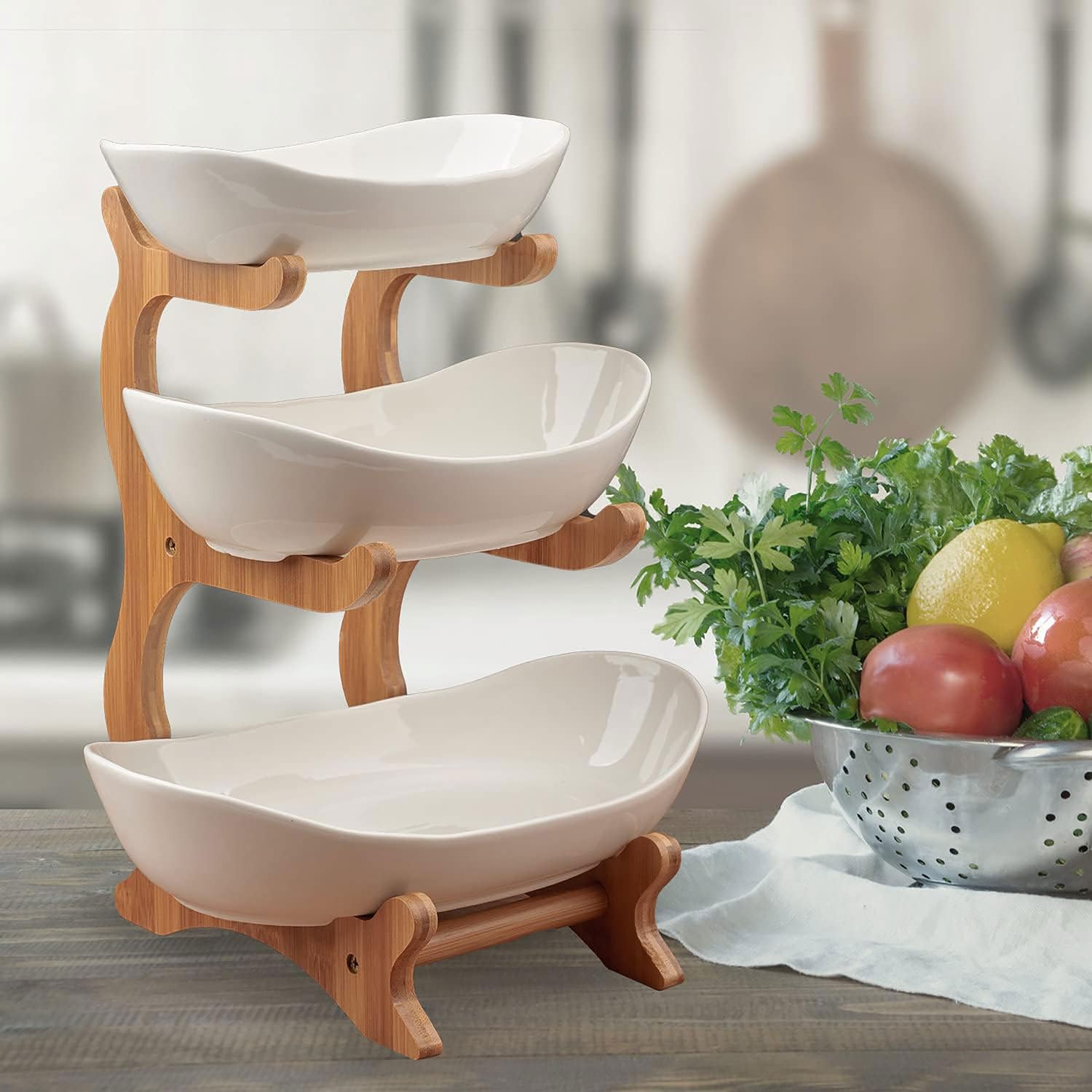 Dimono® Bandeja 3 Niveles con Cuencos de Cerámica y Soporte Bambú | Étagère para postres, frutas y quesos - cuencos ovalados blancos - altura 32 cm - diseño natural