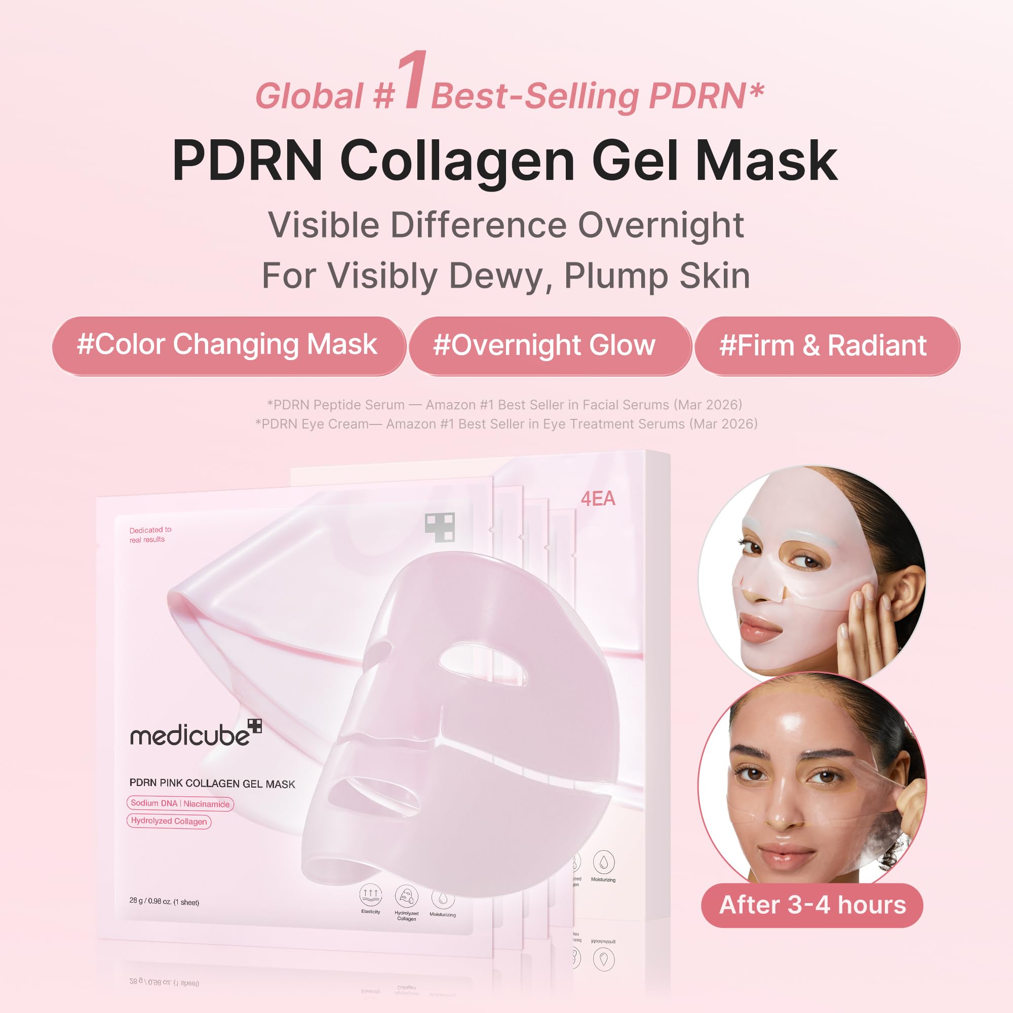 medicube Salmon Dna Pdrn, Maschera In Gel Di Collagene Rosa, Da Notte, Per Una Pelle Luminosa Ed Elastica, Idratante, Rassodante E Idratante, 4 Pezzi (Confezione Da 1)