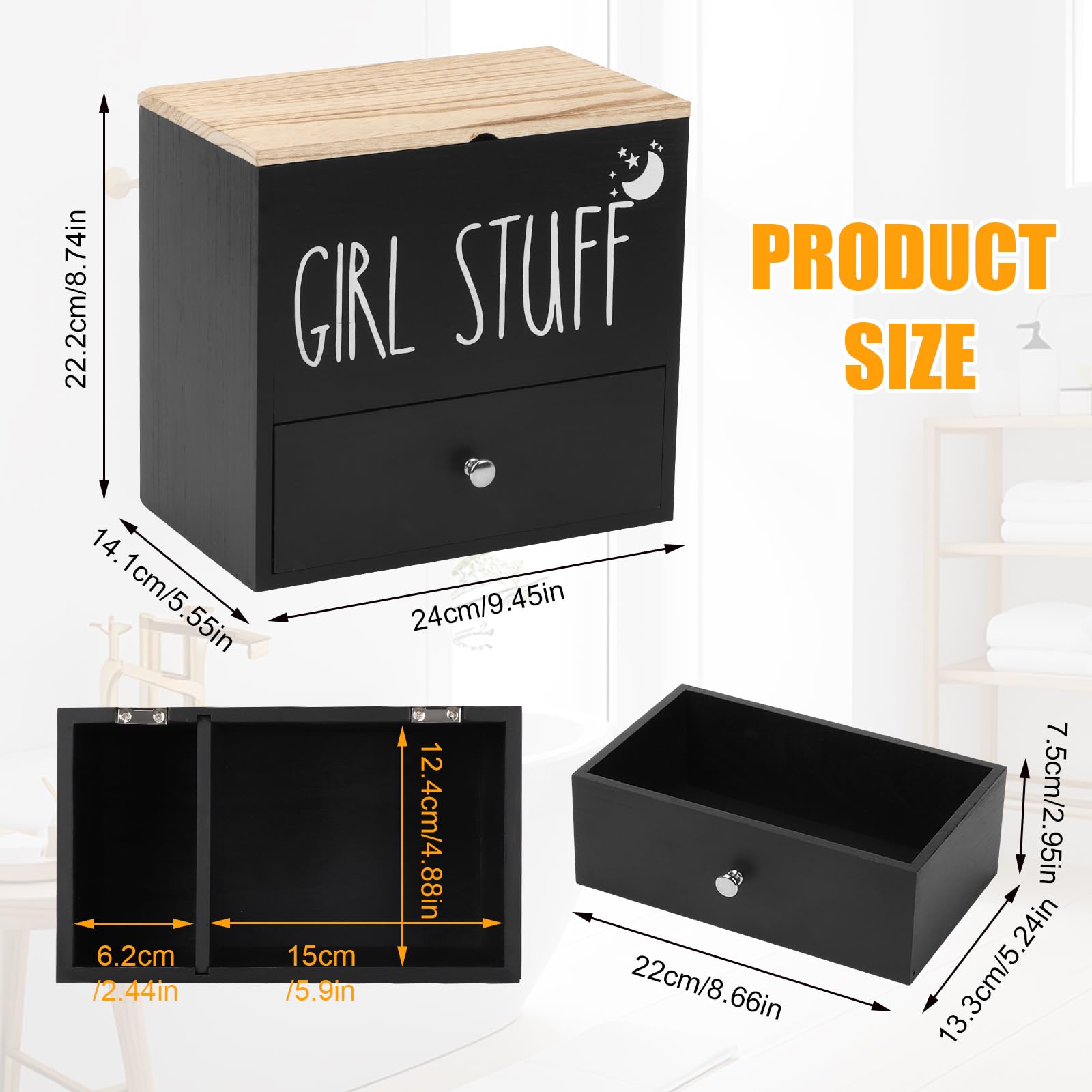 Binden Aufbewahrung Badezimmer, 2 Fächer Holz Aufbewahrungsbox Hygieneartikel Mit Schublade, Vielseitige Tamponhalter Für Badezimmer, Praktischer Pad Und Tampon Organizer Für Tampons, Wattestäbchen