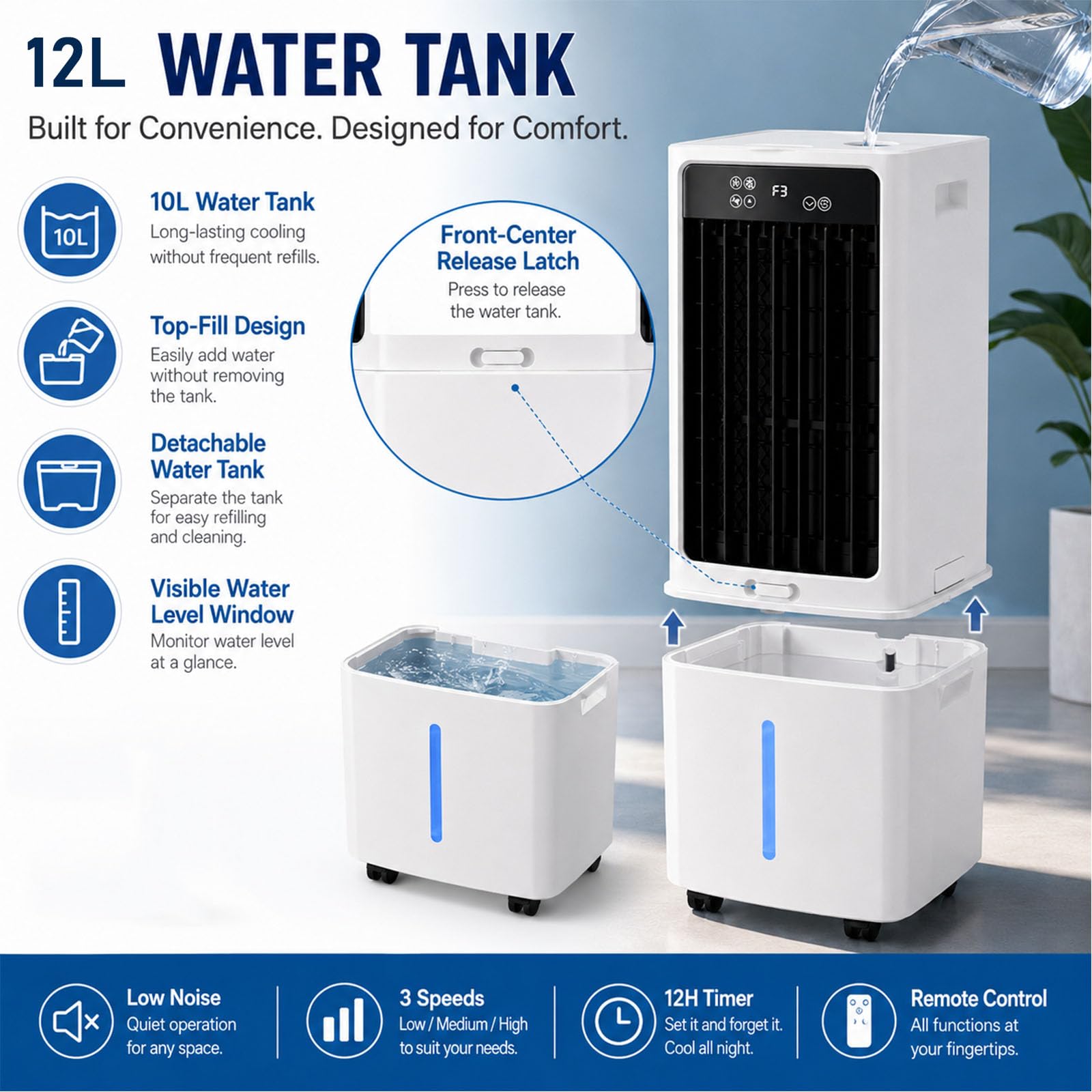 Climatizador Silencioso Portátil, Ventilador 12L con Agua 3 Niveles Velocidad, Timer 12H, 6 Cajas de Hielo, para Salón Dormitorio, Ruedas Giratorias (288x260x615mm)