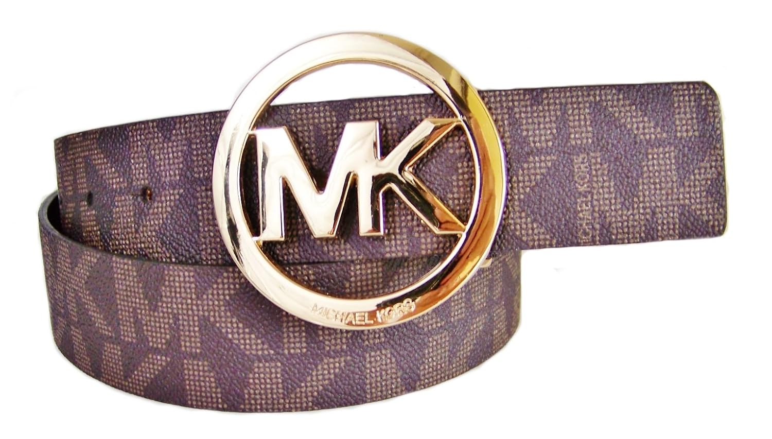 Michael Kors Mk Signature Monogram Logo Gold Buckle Belt Brown Size