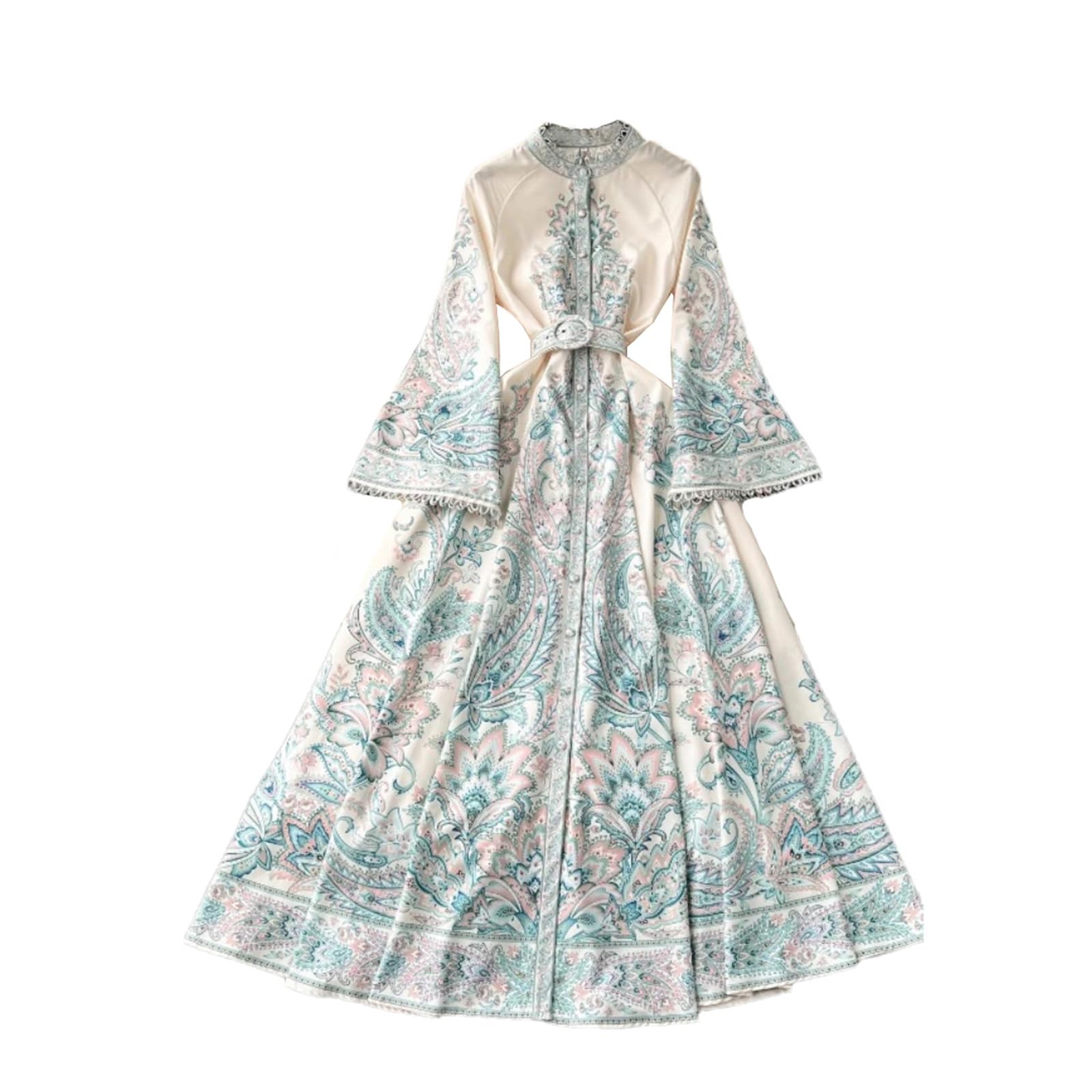 Abito Lungo Elegante da Donna con Stampa Slim A Vita Alta, Collo alla Coreana, Manica Svasata, Vita Alta, Slim