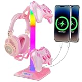 VCOM RGB Gaming Headphones Stand with 2 USB Ports, Pink Headset Stand with 10 Light Modes and Non-Slip Rubber, Suitable for PC Desk Accessories Gamers Gift(Pink)