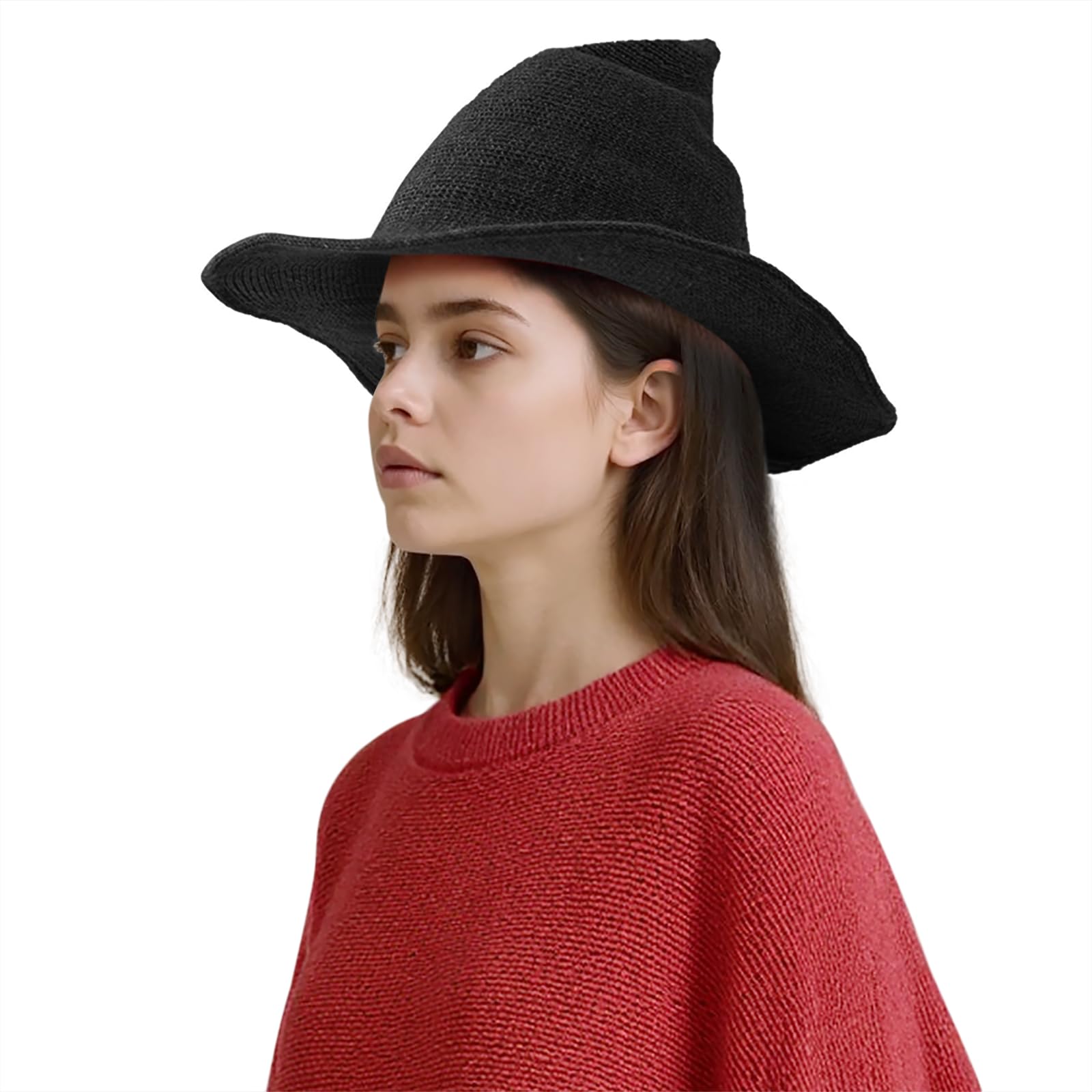 JIAHG Halloween Kids Witch Hat Pointed Top Wide Brim Wool Knit Witch Wizard Hat for Boys Girls Cosplay Costume Accessory (Black) - Image 4