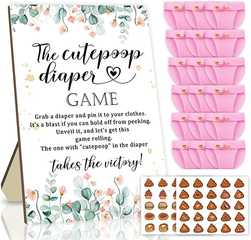 51 piezas de The Cutepoop Diaper Baby Shower Game Boys Girls Cartel de madera para baby shower con 50 pañales de fieltro rosa decoración de