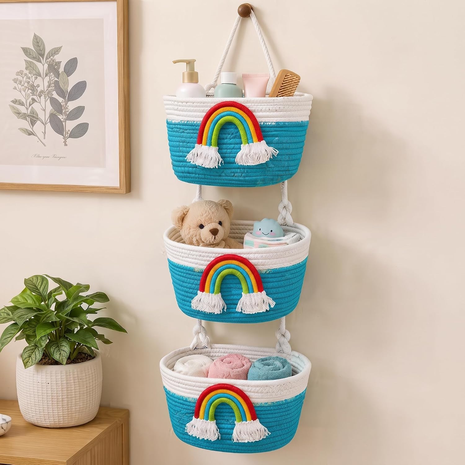 Rainbow Rope Storage Basket Set (3 Tier) | Handmade Cotton Rope Hanging Organizer for Kids Room, Nursery & Baby Essentials (Blue)-image-24