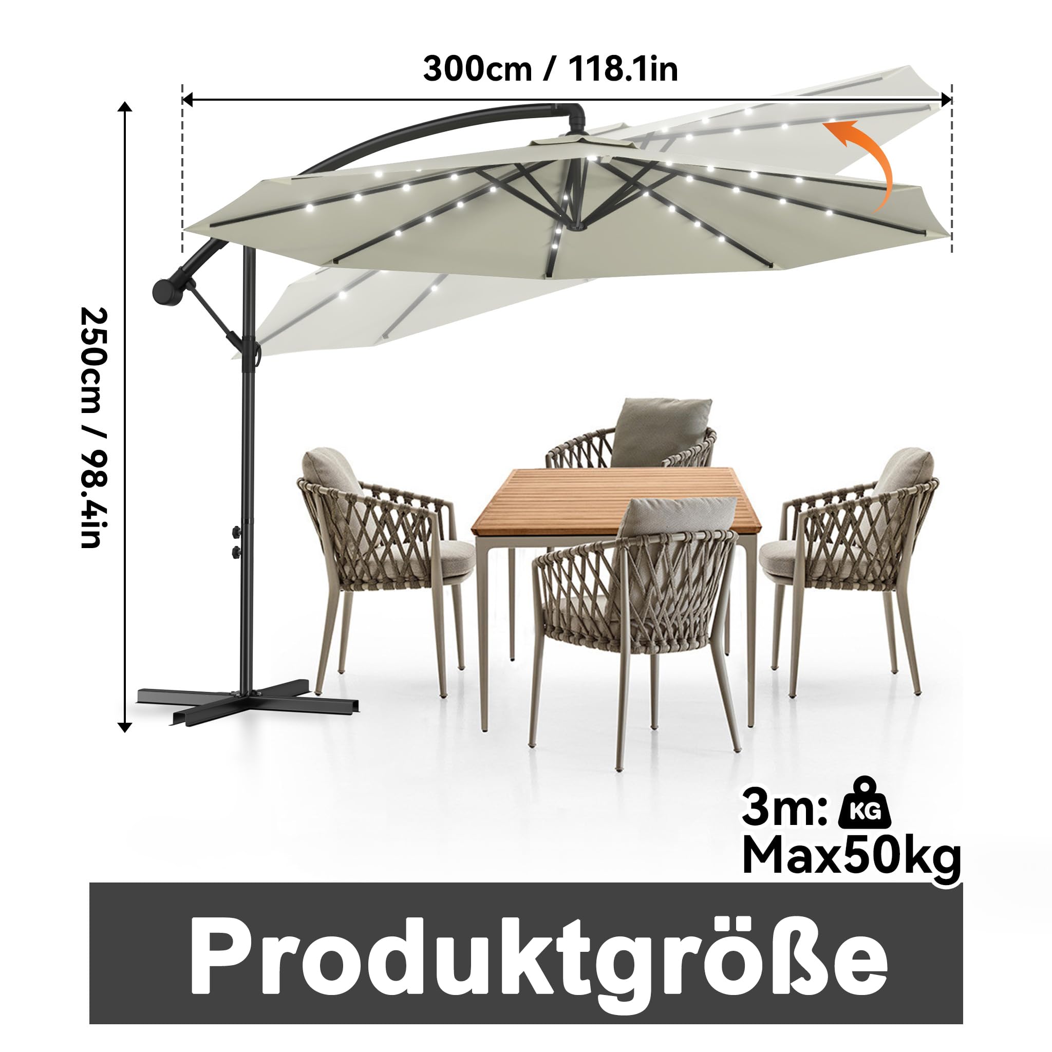 Aufun Ombrelloni in alluminio 300 cm con protezione solare a LED bianchi protezione UV 40+ - ombrellone balcone ombrellone da giardino regolabile in altezza (beige con LED solare)