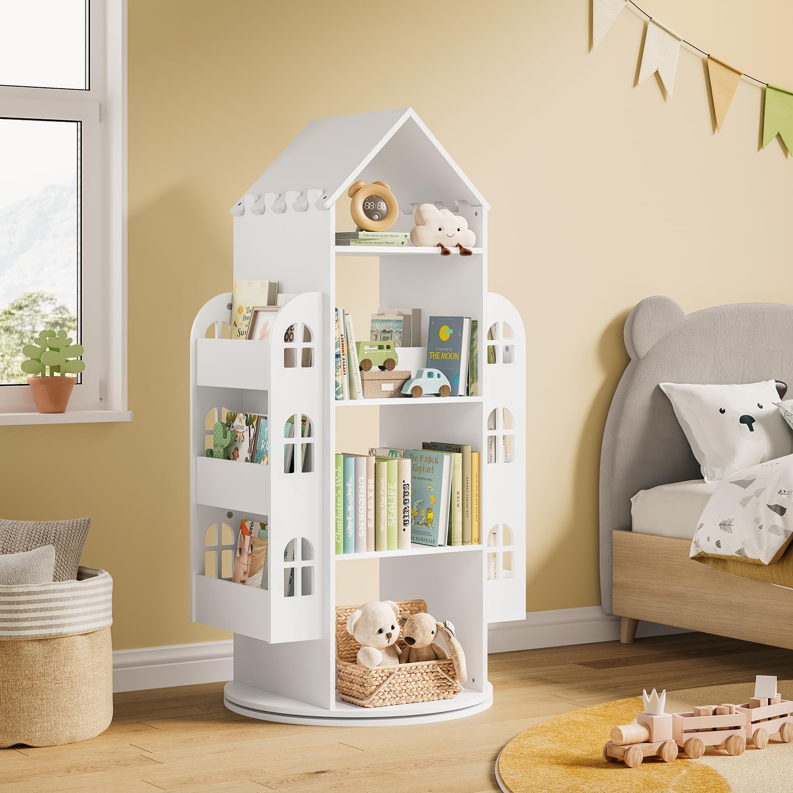 WOLTU Bibliothèque pour Enfants, Étagère Rotative à 4 Niveaux, Meuble de Rangement pour Jouets avec 13 Compartiments, Bibliothèque Blanche en Forme de Maison, 63x59x125cm