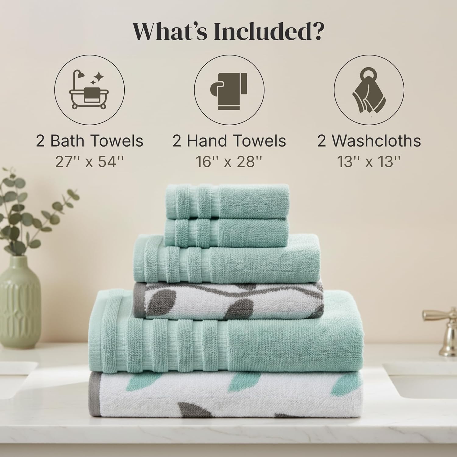 Modern Threads Organic Vines 6-Piece 100% Cotton Towel Set – Yarn Dyed Jacquard & Solid – Includes 2 Bath Towels, 2 Hand Towels, 2 Washcloths – Absorbent, Quick Dry, Soft & Durable – Aqua - Image 3
