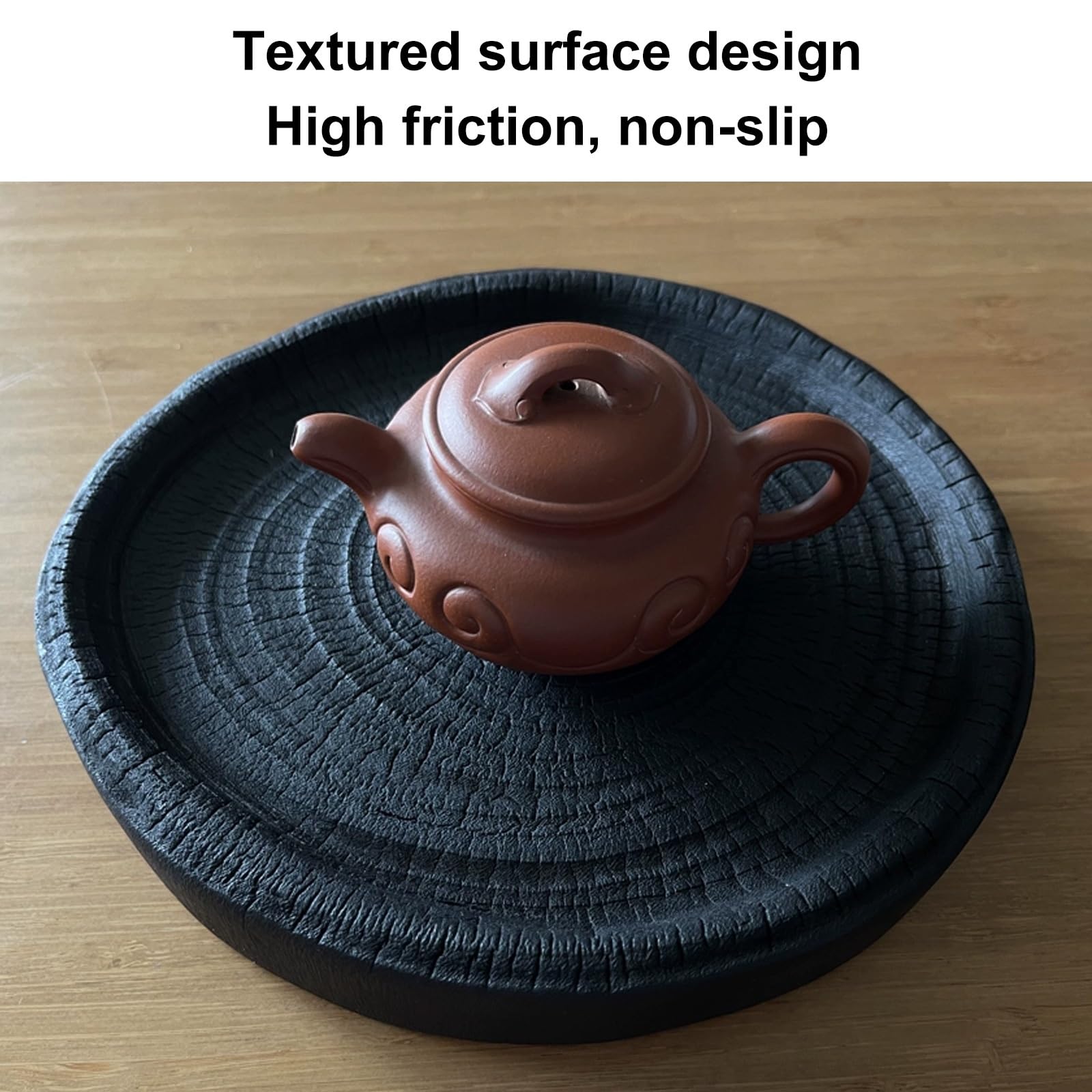 Bandeja redonda de madera de alcanfor carbonizada negra, 3 cm de grosor, perfecta para degustación de té y decoración del hogar, diseño antideslizante (27 x 3 cm), elegante bandeja para servir
