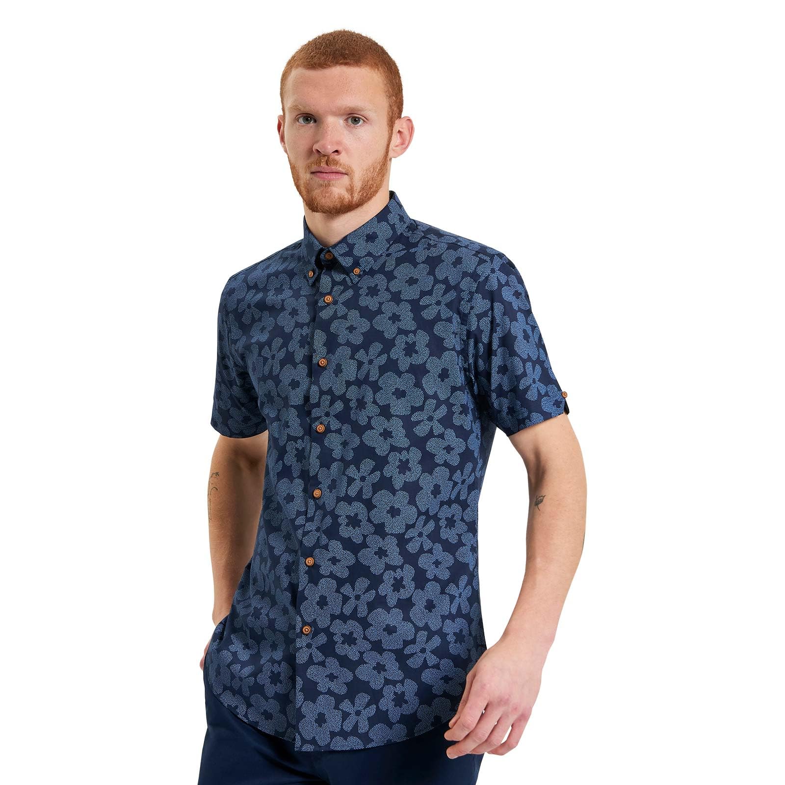 Ben Sherman Stipple Floral Print Short Sleeve Shirt for Men in Dark Navy, 3XL