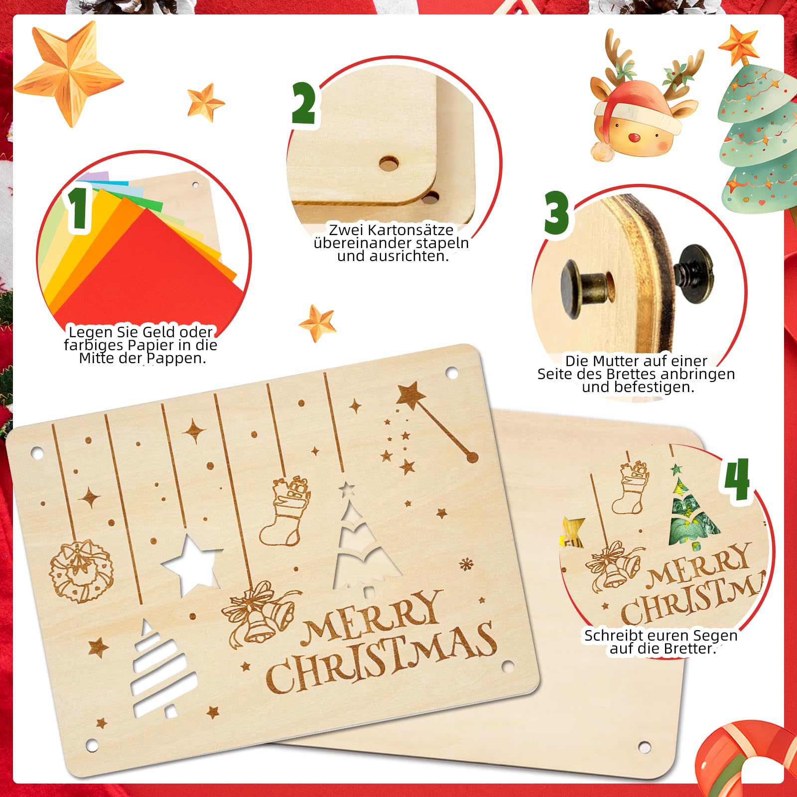 Set Da 3 Biglietti Porta Soldi In Legno Con Finestra Natalizia – Regalo Originale Per Sostituire La Busta - 2