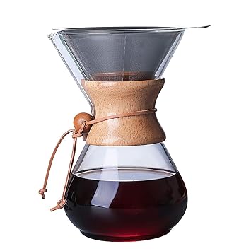 Pour-Over Glass Coffeemaker - Woodneck Drip Pot - 304 Stainless Steel Filters - Classic Series - 8 Cup