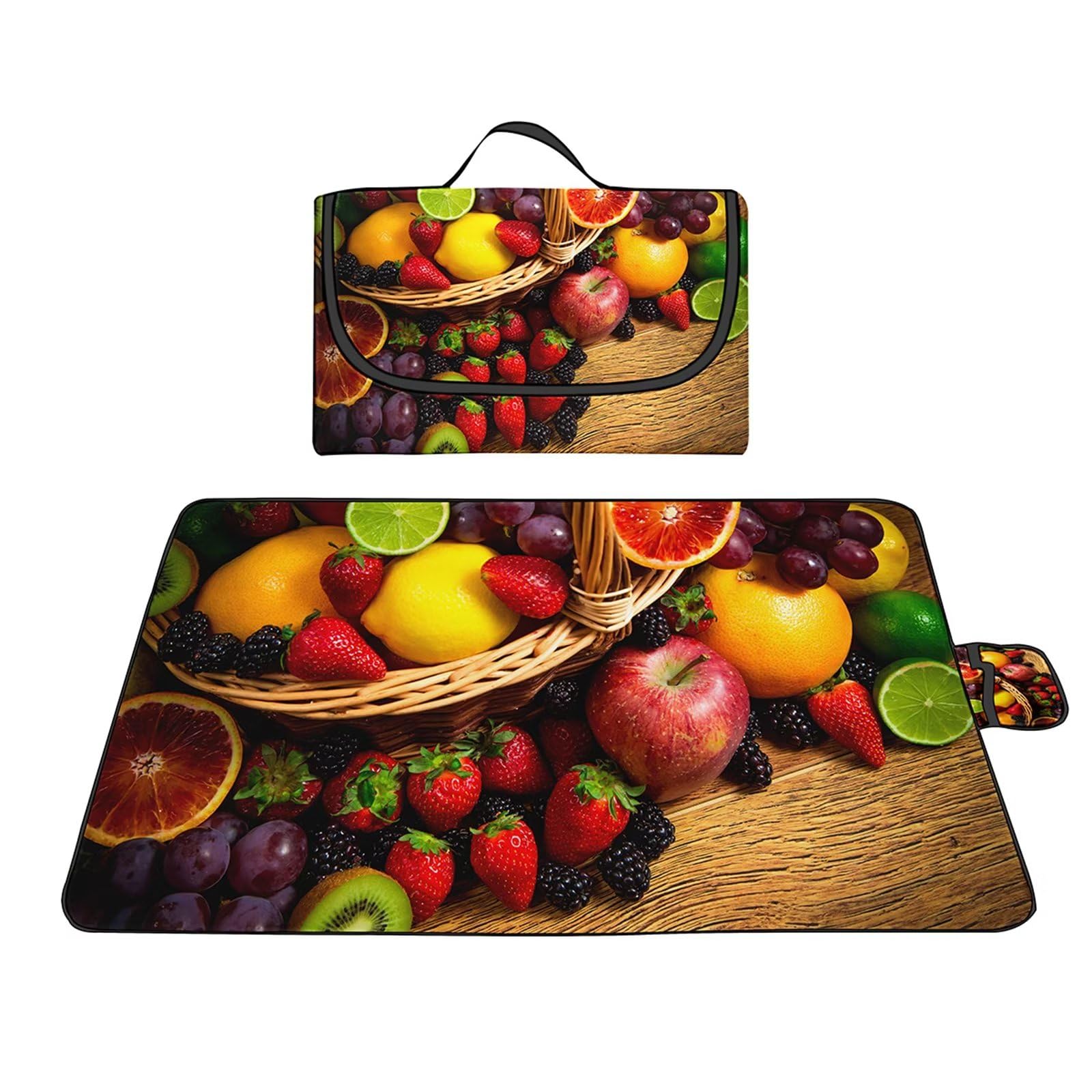 Couverture Pique-nique Imperméable 100x150cm,Couverture Plage Extérieure XXL,Fruits de la fraise et du raisin Camping Couverture étanche Pique-nique avec Poignée pour Camping Randonnée Parc Plage