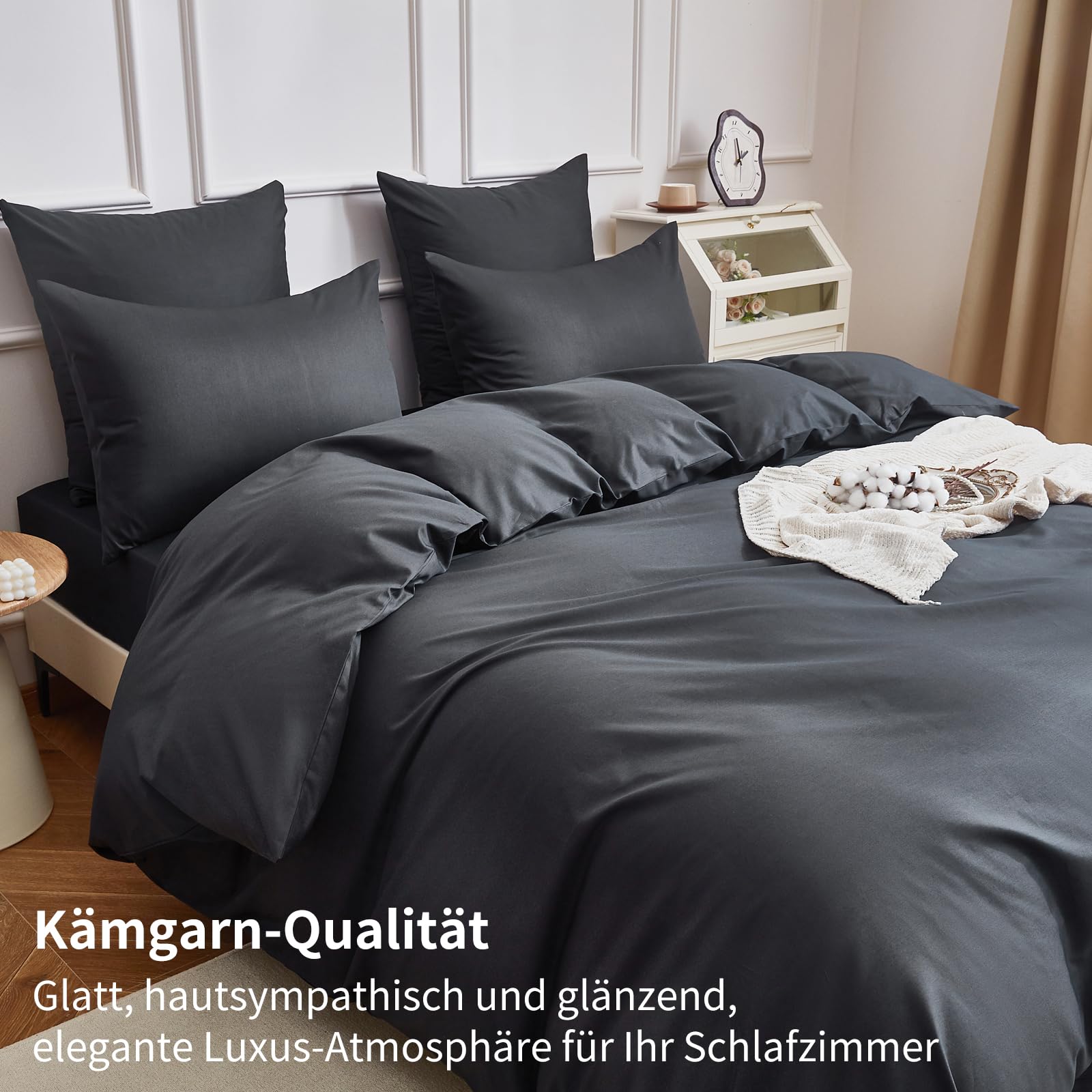 Bettwäsche 200x220 Baumwolle Grau Uni Bettwäsche 100% gekämmte Baumwolle Kühlend Glatt Glänzend Weich Atmungsaktiv Bettbezug Set 3 Teilig mit Reißverschluss und 2 Kissenbezüge 80x80 cm