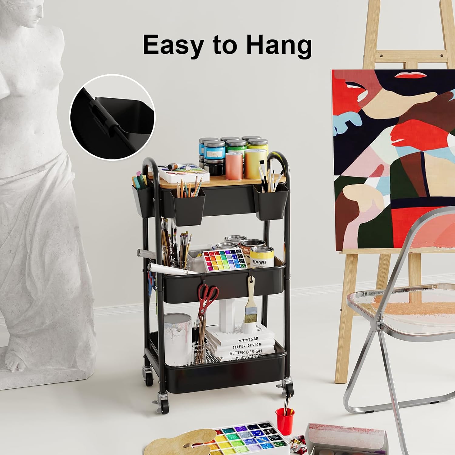 6 Pack Rolling Cart Accessories, Black Plastic Hanging Cup Holder for Utility Storage Carts Organizer, Rolling Carts Accessories with 6 Cup Holders and 6 Hooks for Art, Craft, Makeup - Image 2