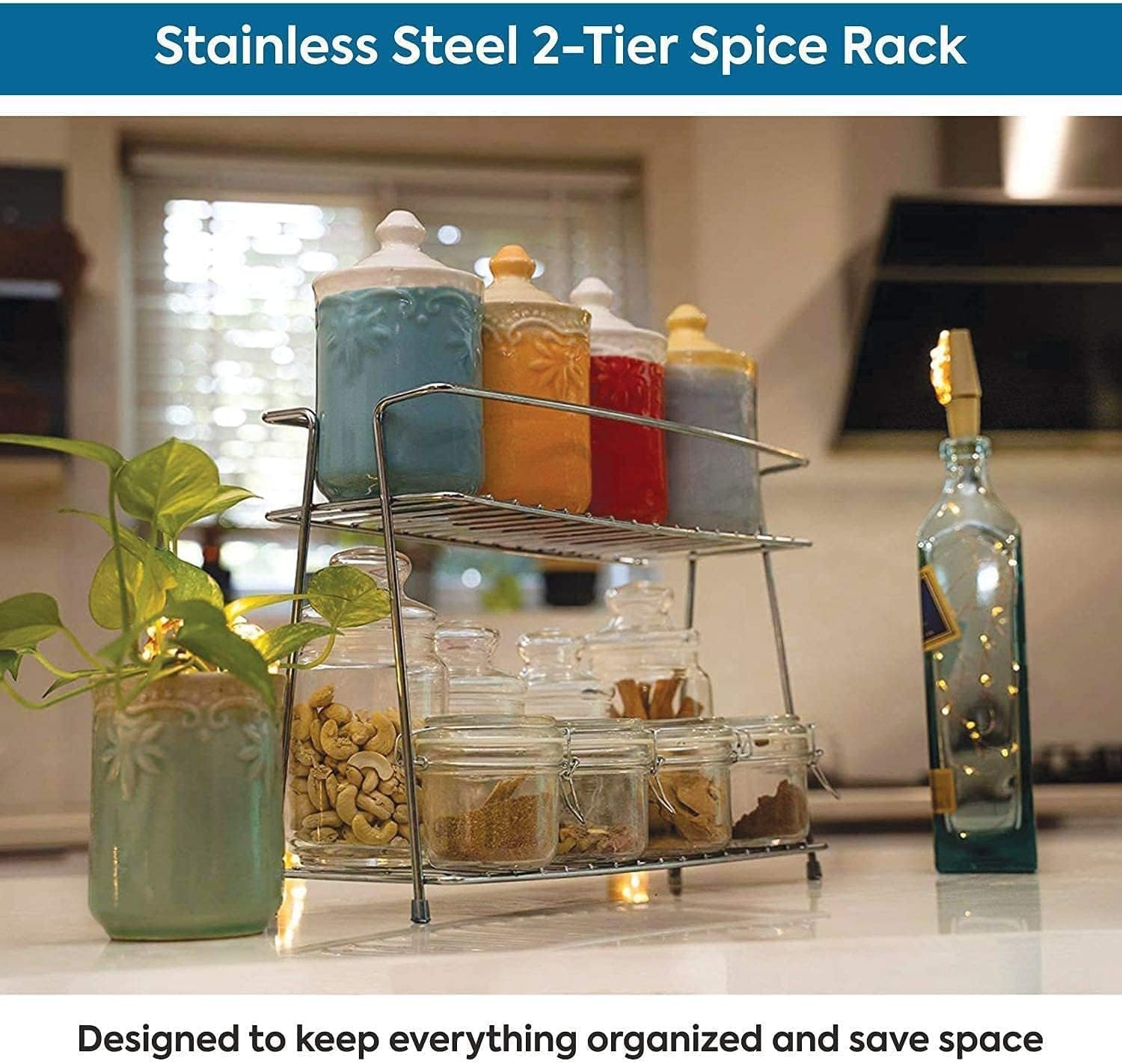 Stainless Steel Spice 2-Tier Trolley Container Kitchen Organizer storage rack/Basket for Boxes Utensils Dishes Plates for Home (Multipurpose Kitchen Storage Shelf Shelves Holder Stand
