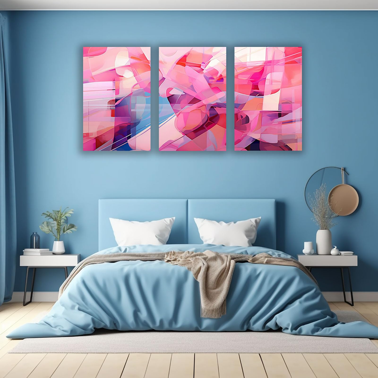 AMXBZC 3-teiliges Set Abstraktes Leinwand Bilder Kunstdrucke Buntes, einfaches Muster Wohnzimmer Wandbild Wand Wanddekoration - Modern Kunst für Büro(Pink)-60x80cmx3 Ungerahmt