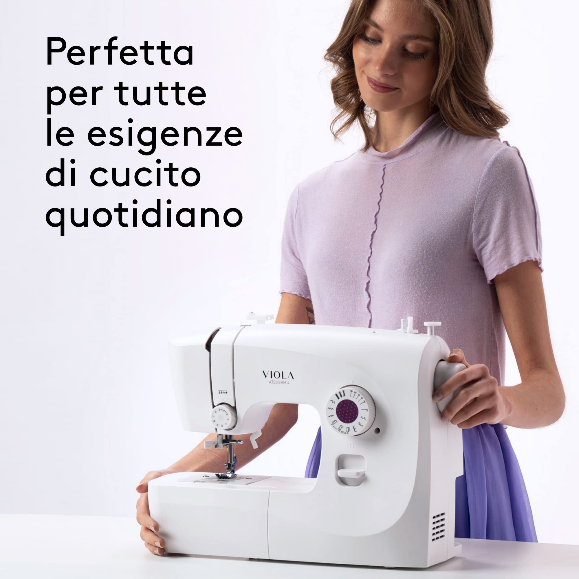 VIOLA Atelier M14 Macchina da Cucire con 14 Punti di Cucitura, Ideale per Principianti, Infilatura Automatica Ago, Doppia Alzata Piedino per Tessuti Spessi, Braccio Libero, Illuminazione a LED