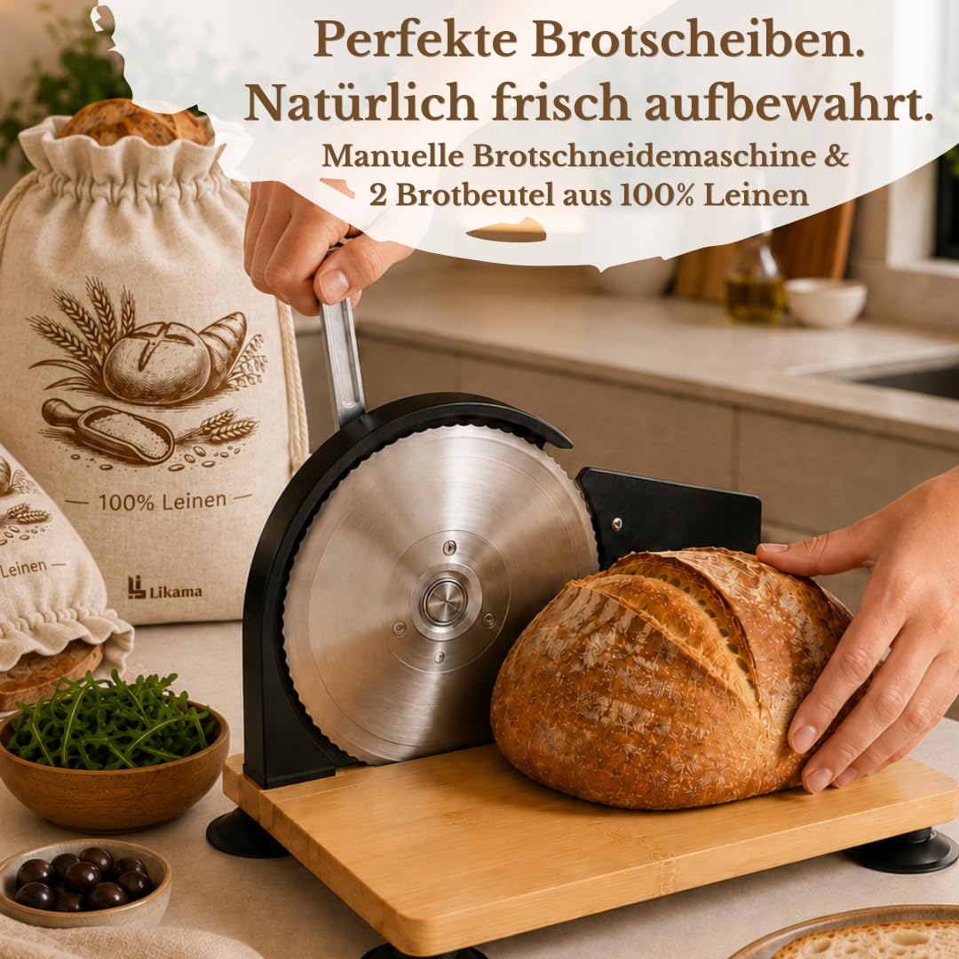 Likama Brotschneidemaschine manuell Edelstahl mit Kurbel, Set mit 2 Brotbeutel aus Leinen, bread slicer ohne Strom, Brotmaschine, Allesschneider, Schneidemaschine (Schwarz)