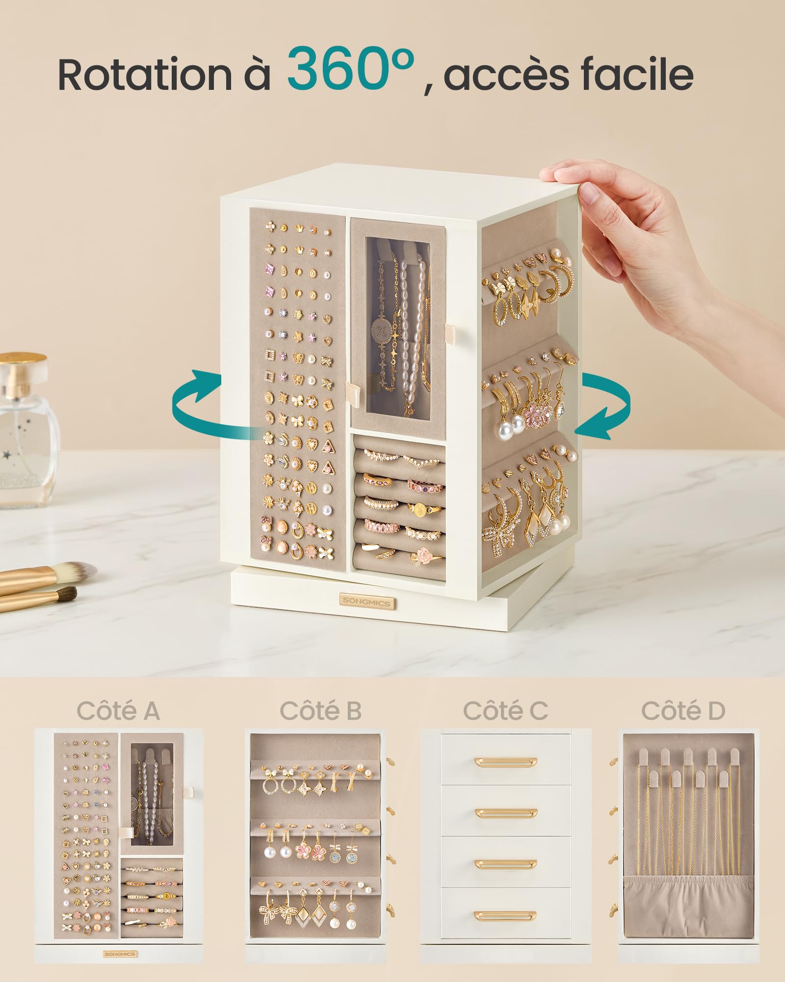 SONGMICS Boîte à Bijoux, Rotative à 360°, Coffret à Bijoux avec 4 Tiroirs, Rangement pour Accessoires, Colliers, Bracelets, Bagues et Boucles d’Oreilles, Idée Cadeau, Blanc Crème JBC211WD01