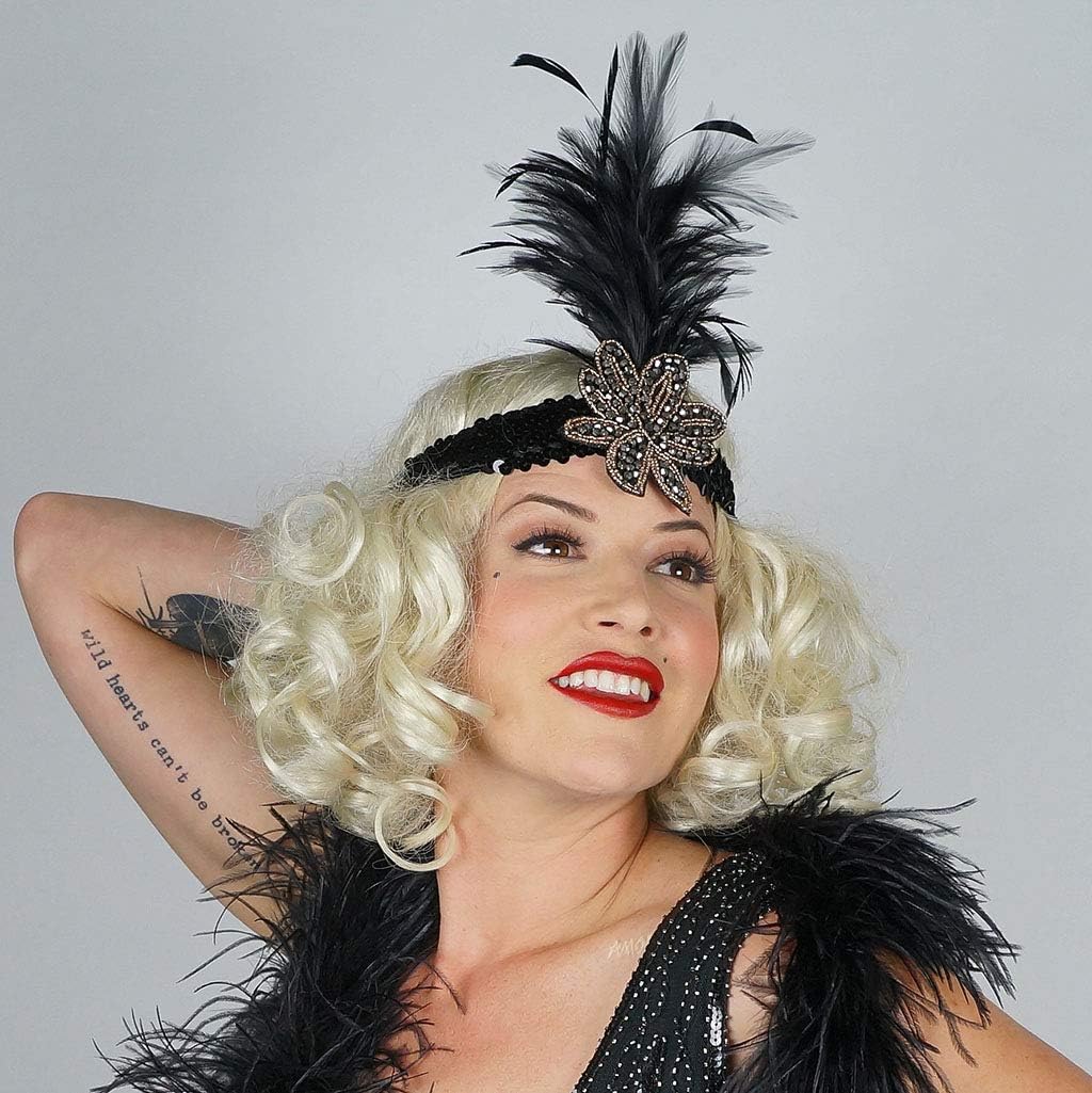 ZUCKER Art Deco Flapper Headband w/Hackle Feather Spray - Roaring 20's Great Gatsby Beaded Headpiece