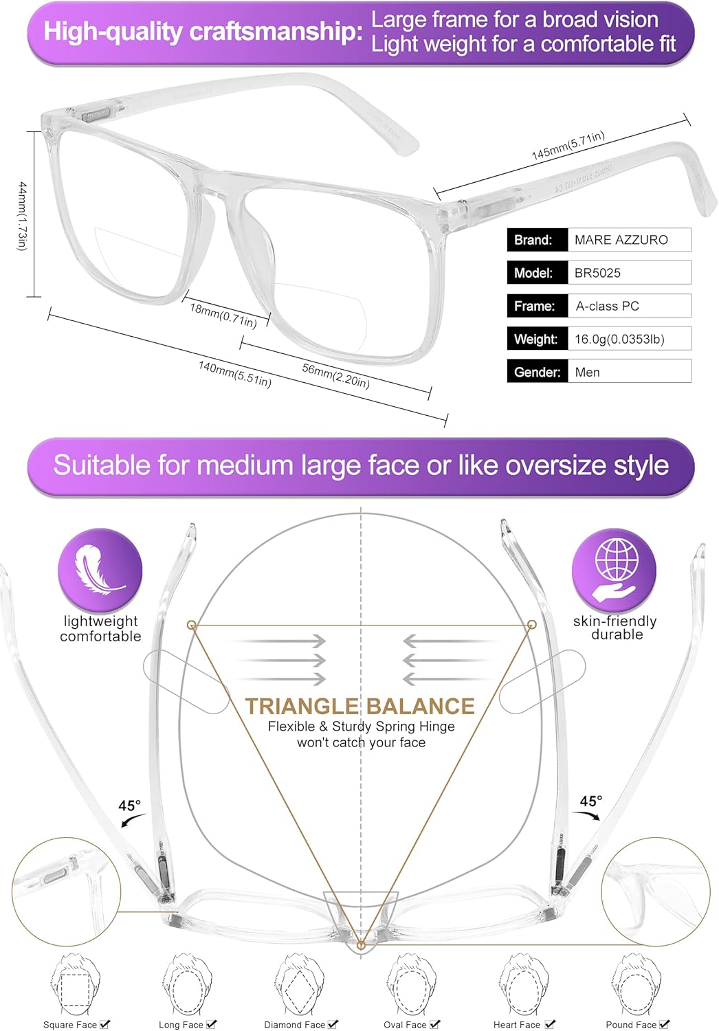 MARE AZZURO Large Bifocal Reading Glasses Men Blue Light Blocking Readers Square Reader 0 100 125 150 175 200 225 250 275 300 350 (Transparent, 1.75)