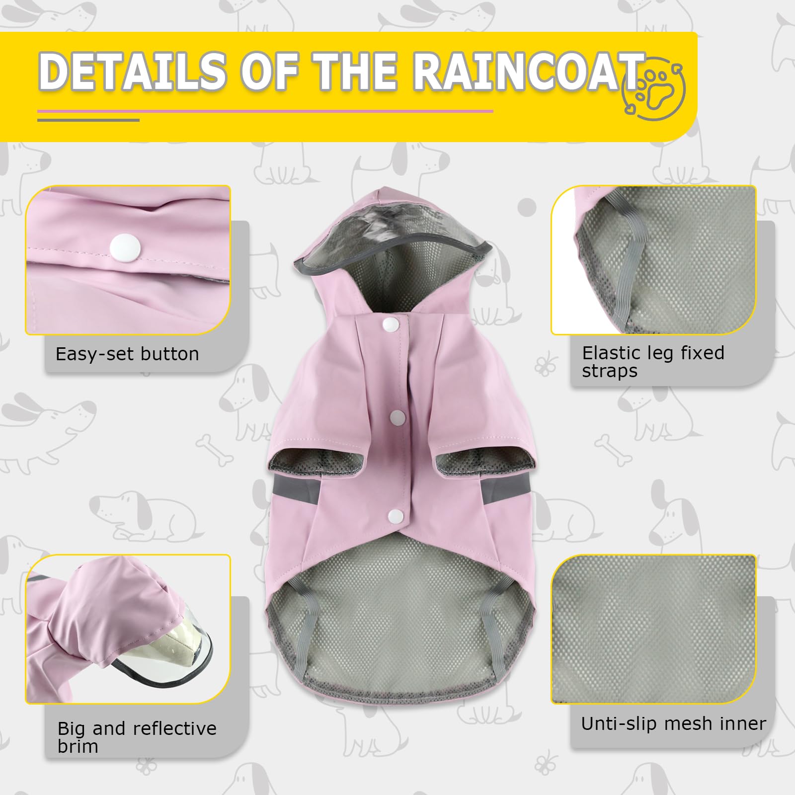 Hisprout Dog Raincoat Breathable Lightweight Pet Rain Jacket Waterproof Dog Clothes with Safety Reflective Strip Hooded Dog Raincoat(Pink,M) - Image 3