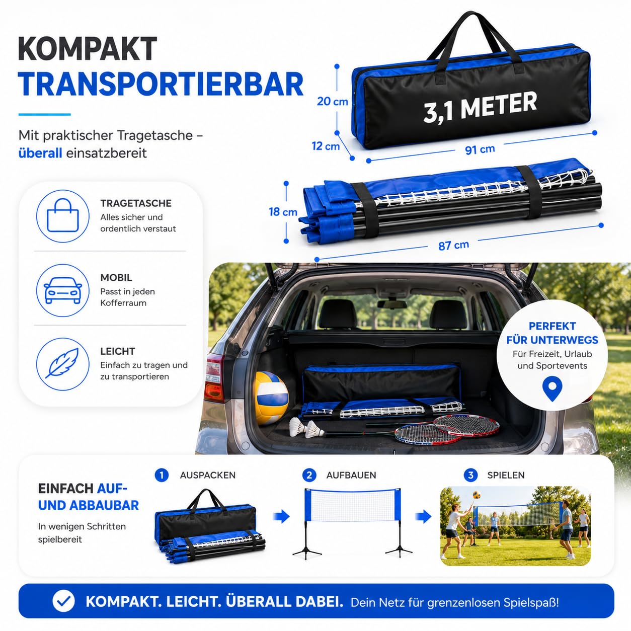 Filet de badminton de 3,1 m - Support réglable en hauteur de 107/105/150 cm et sac de transport - Filet en nylon pliable - Facile à monter et à démonter - Filet de sport idéal pour le tennis, le