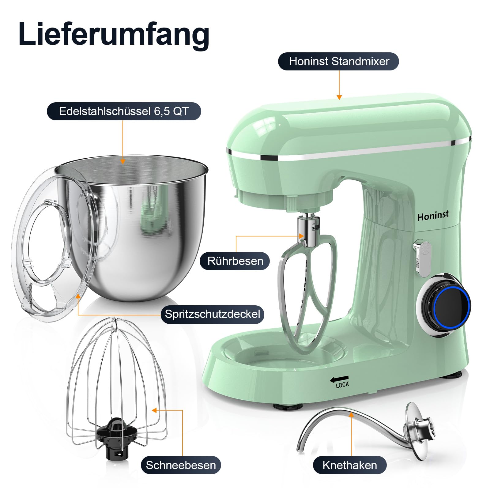 Honinst Küchenmaschine Knetmaschine, 10 P Stufen Teigknetmaschine, 1400W Teigmaschine, Rührmaschine mit 6.5L EdelstahlschüSsel, Schneebesen, Knethaken, Rührbesen & Spritzschutz zum Backen, Grün