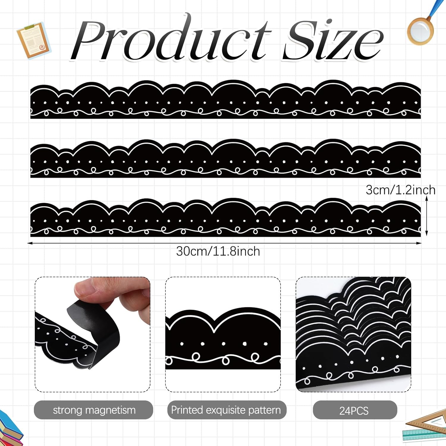 24 Pcs Magnetic Borders for Classroom Whiteboard Magnetic Strip Bulletin Board Borders School Classroom Chalkboard Trim Decorations for School Teacher Decorations(Black)