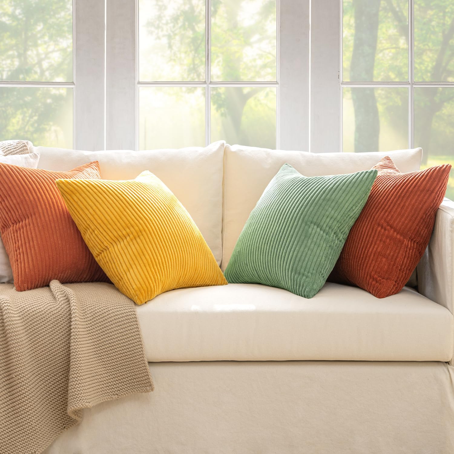 MIULEE Decorative Throw Pillow Covers 18x18 Inch Set of 4, Vibrant Cushion Covers Vintage Retro Home Decor, Mix and Match Color Clash Design for Sofa Couch Bed Living Room Yellow Rust Green