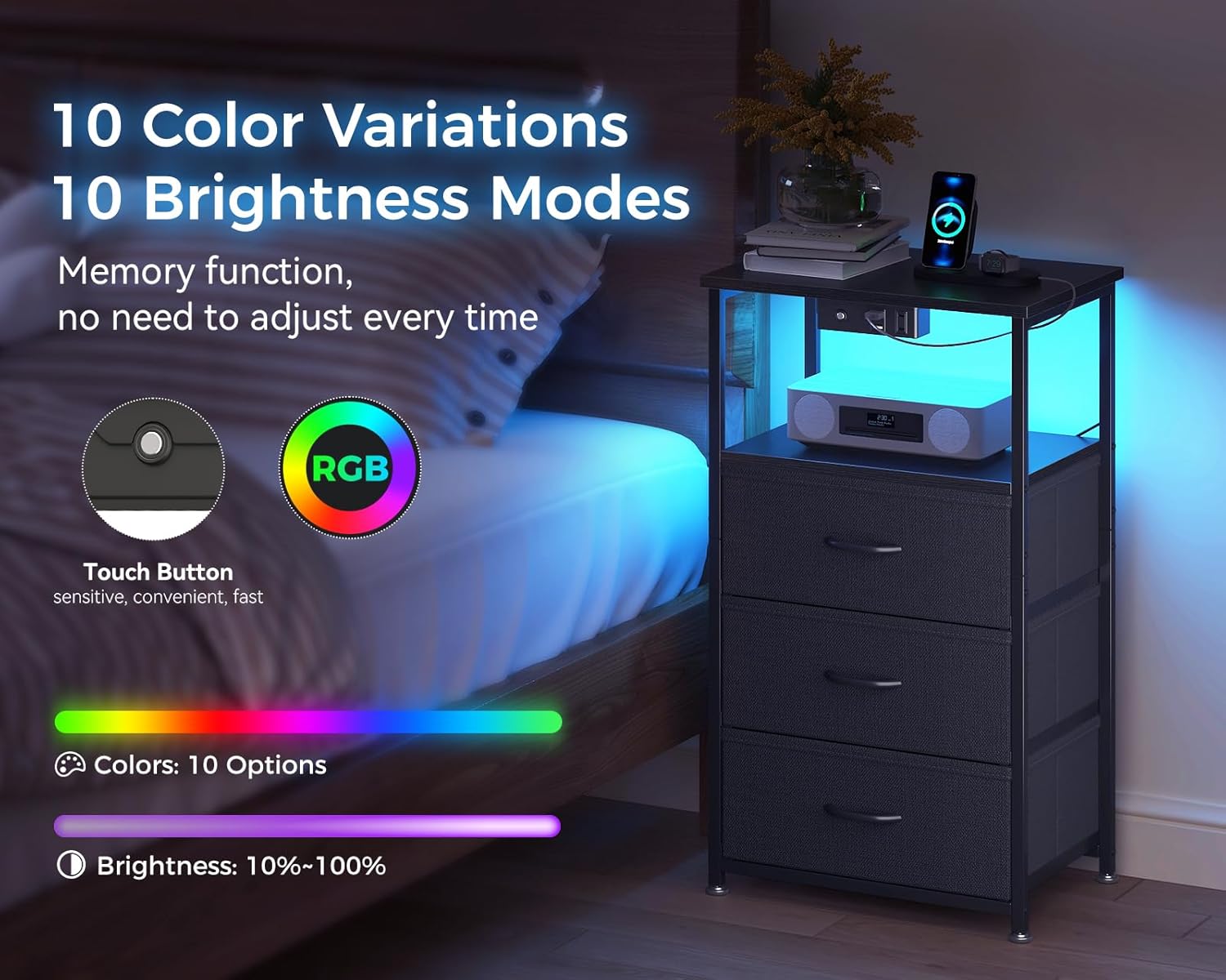 Casaottima Night Stand Set 2, Bedside Tables with Charging Station, LED Nightstand with Fabric Drawers, End Table with Open Shelf, Nightstand for Bedroom, Black